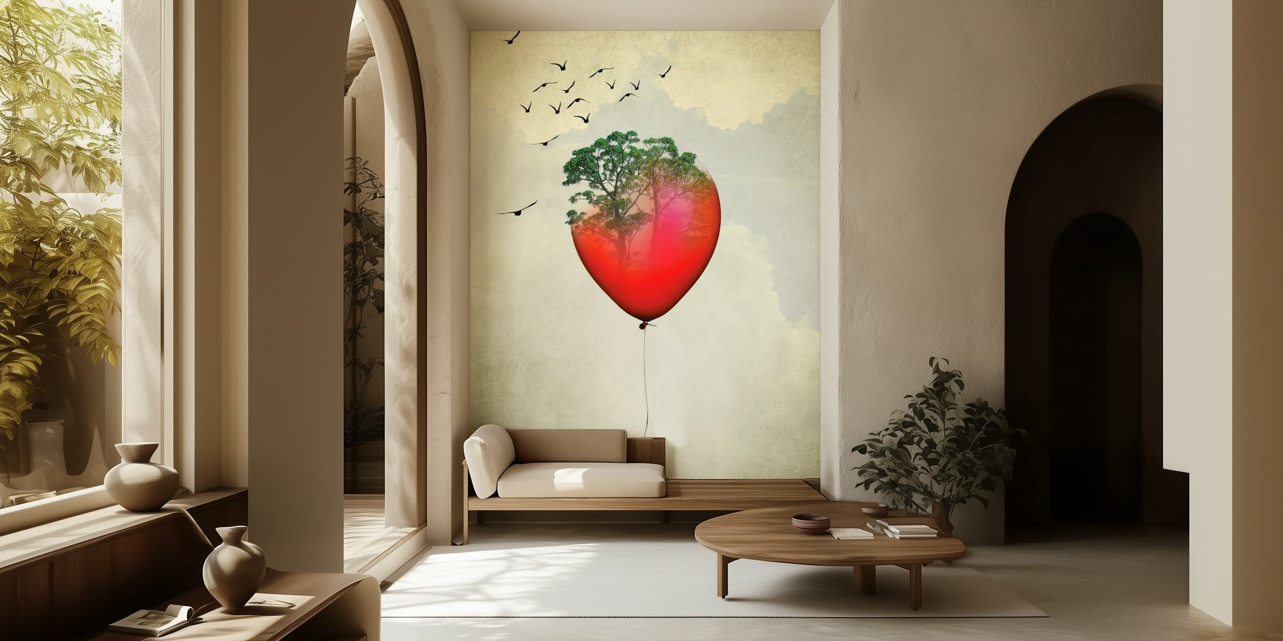 Red balloon with tree design and birds mural wallpaper