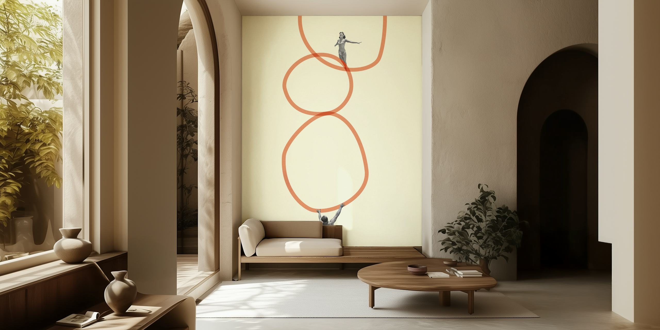 Abstract beige wallpaper with human figures and orange circles