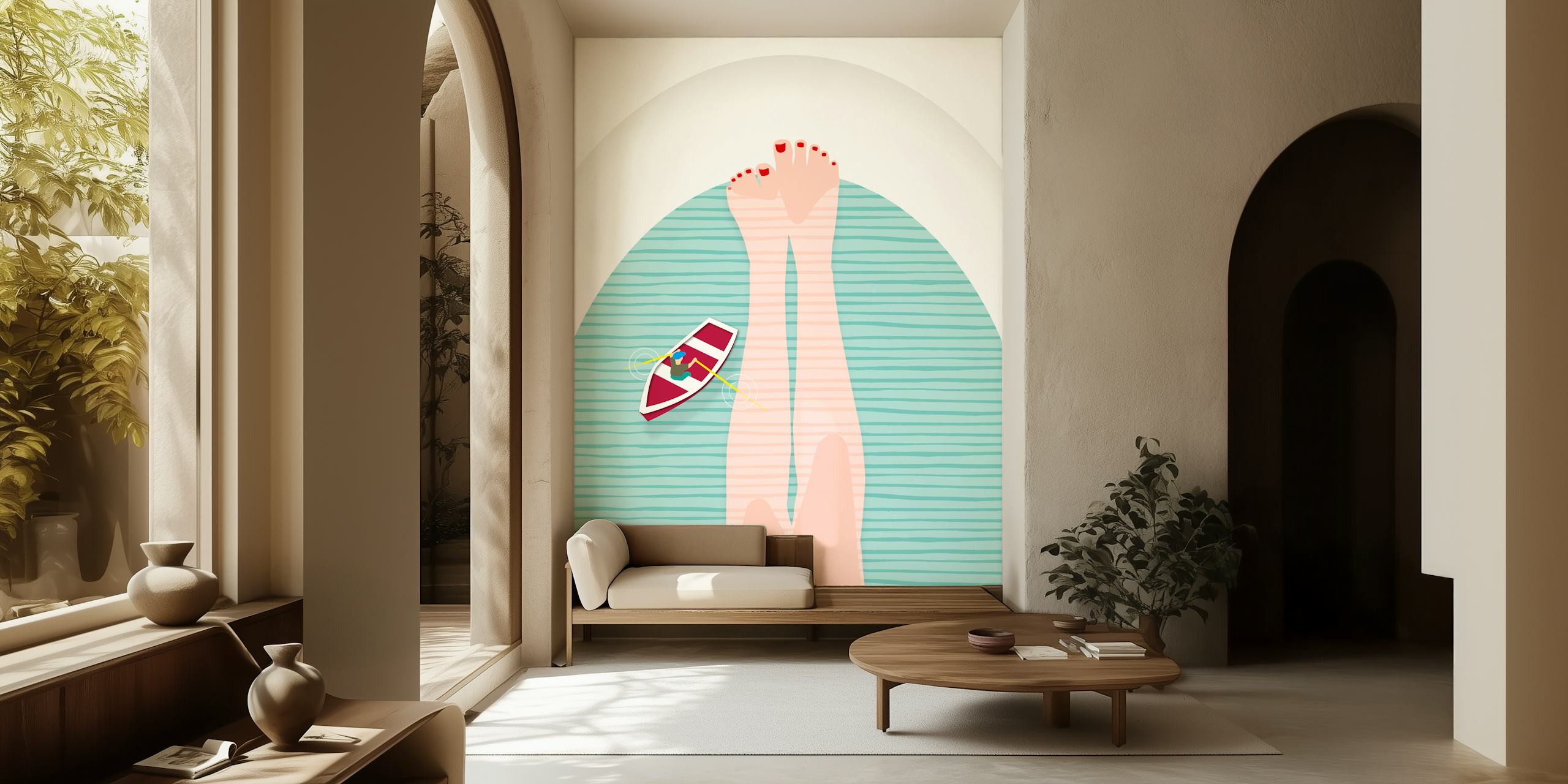 Relaxing bathtub scene with light blue water and boat wallpaper