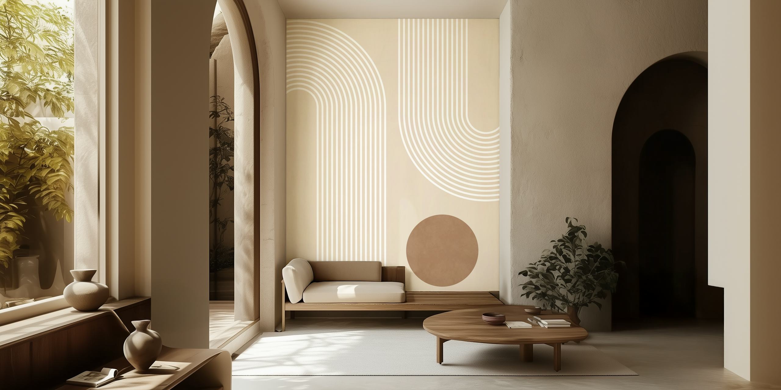 Beige Arc Poster No1 wall mural with abstract curved lines and circle