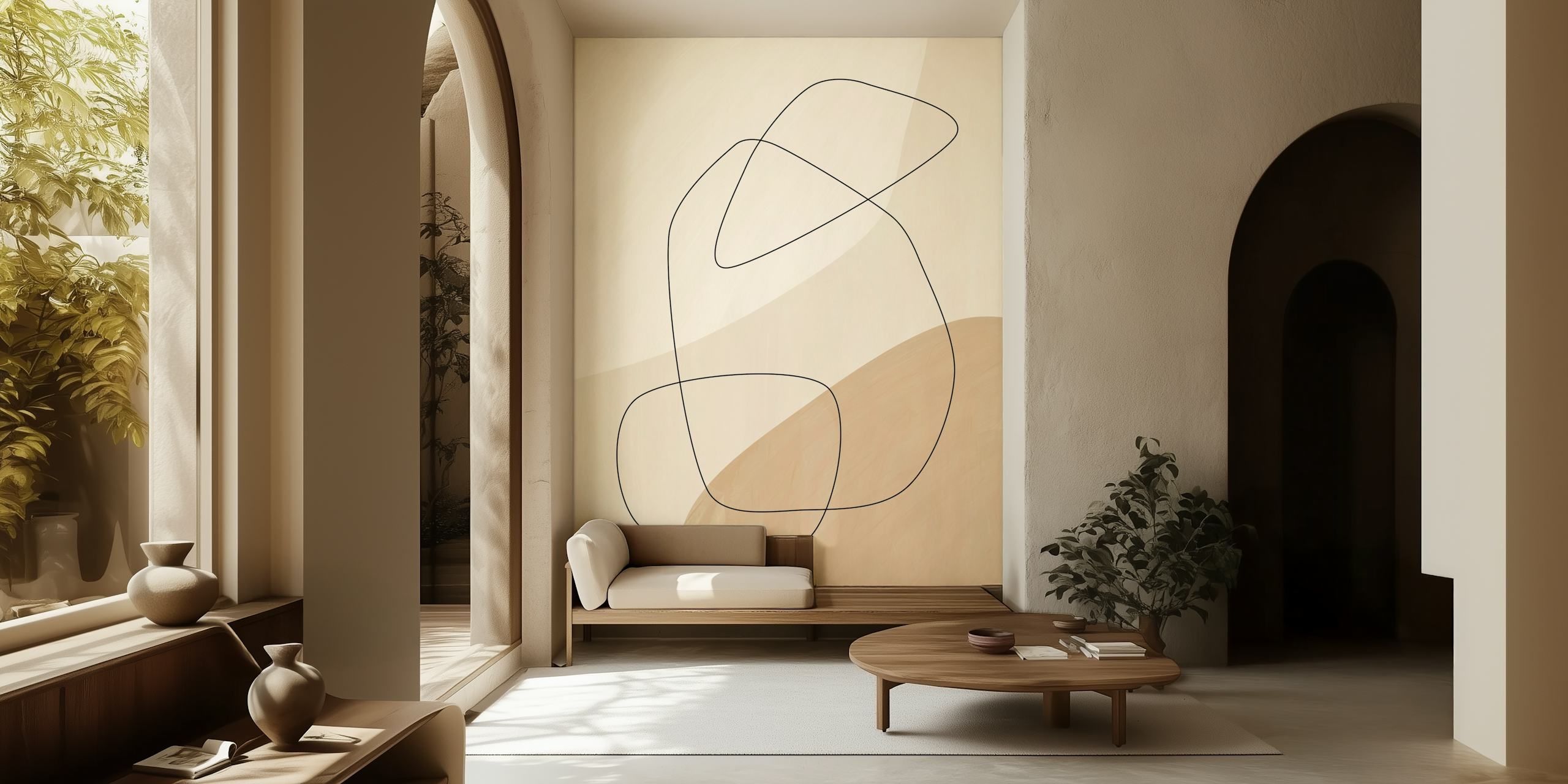 Abstract line art shapes in muted beige and brown colors wallpaper