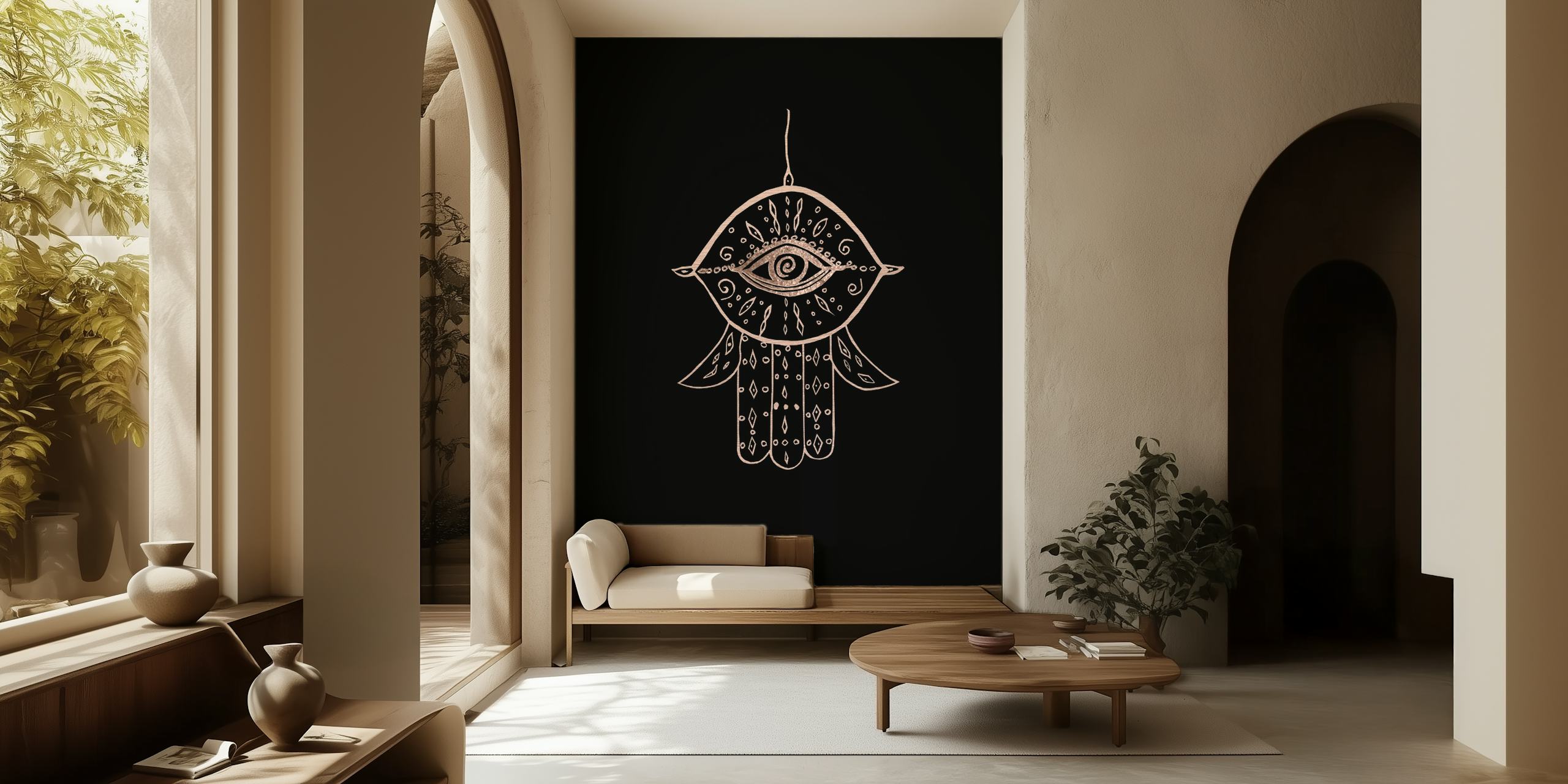 Hamsa Hand Rose Goud op Zwarte Muurschildering