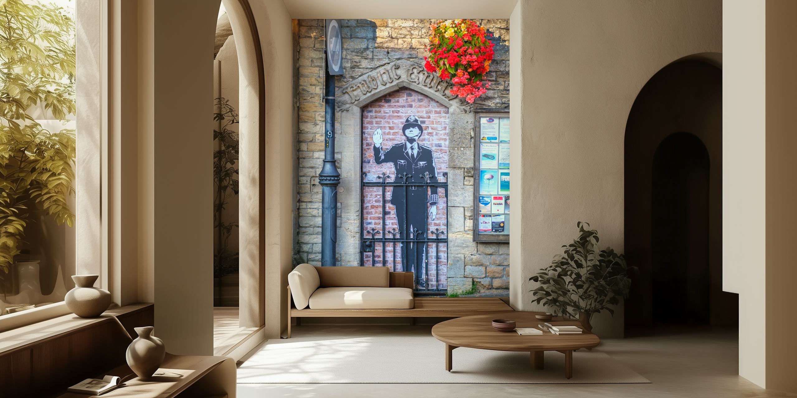Cotswold village wall mural with a faux guard figure and floral accents