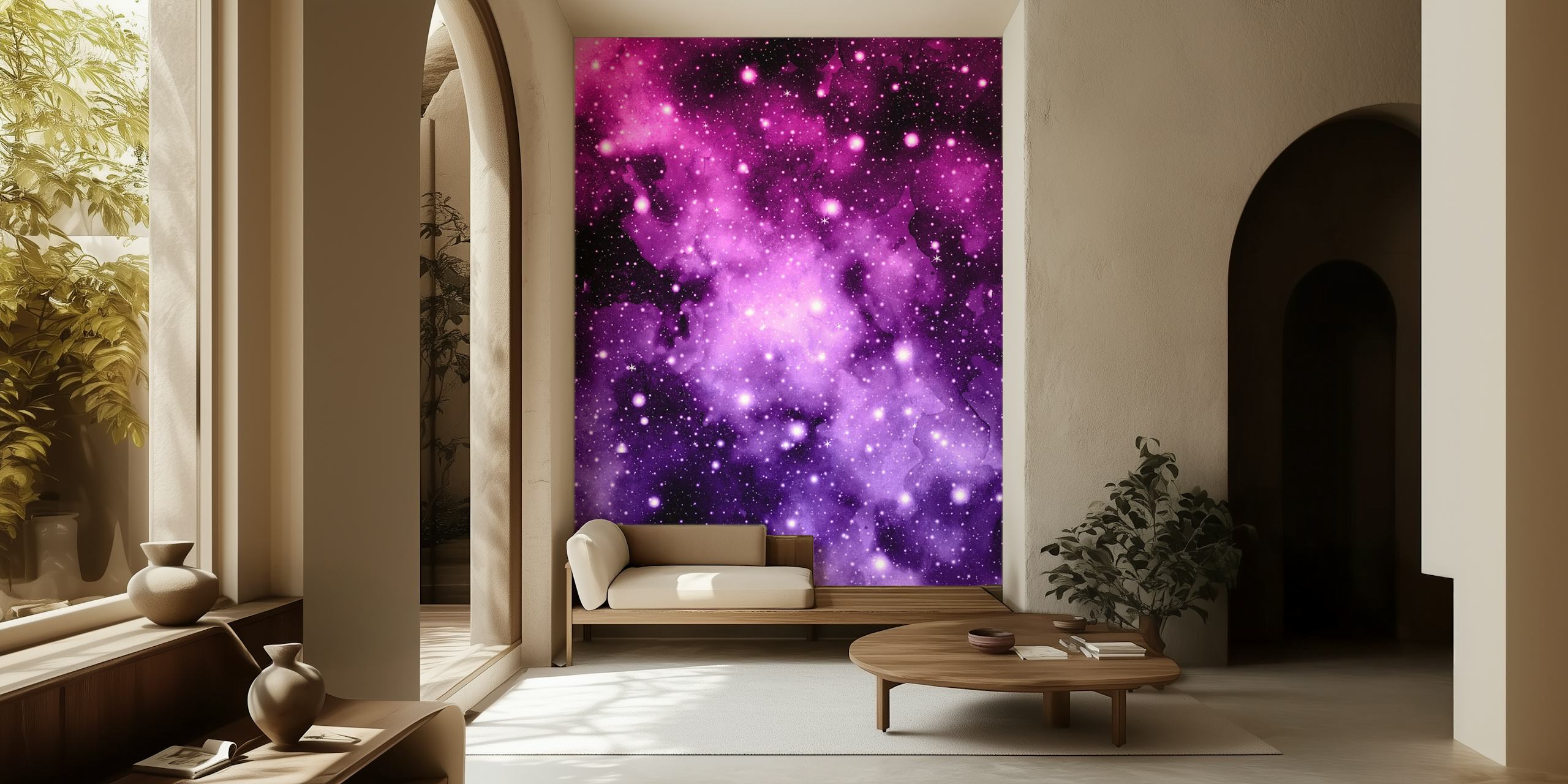 Purple Pink Galaxy Nebula behang in een kamer