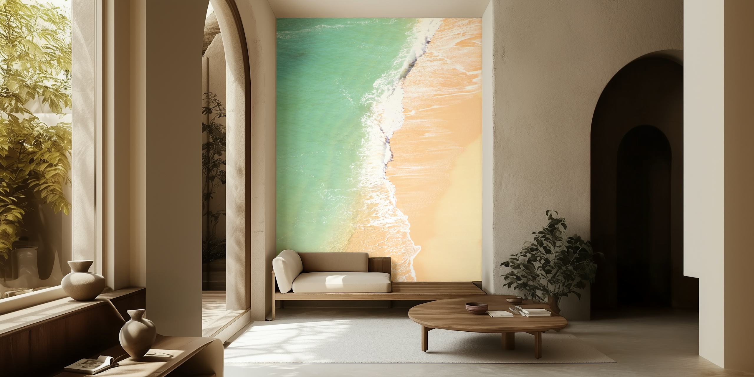 Blue ocean waves meeting sandy beach wallpaper
