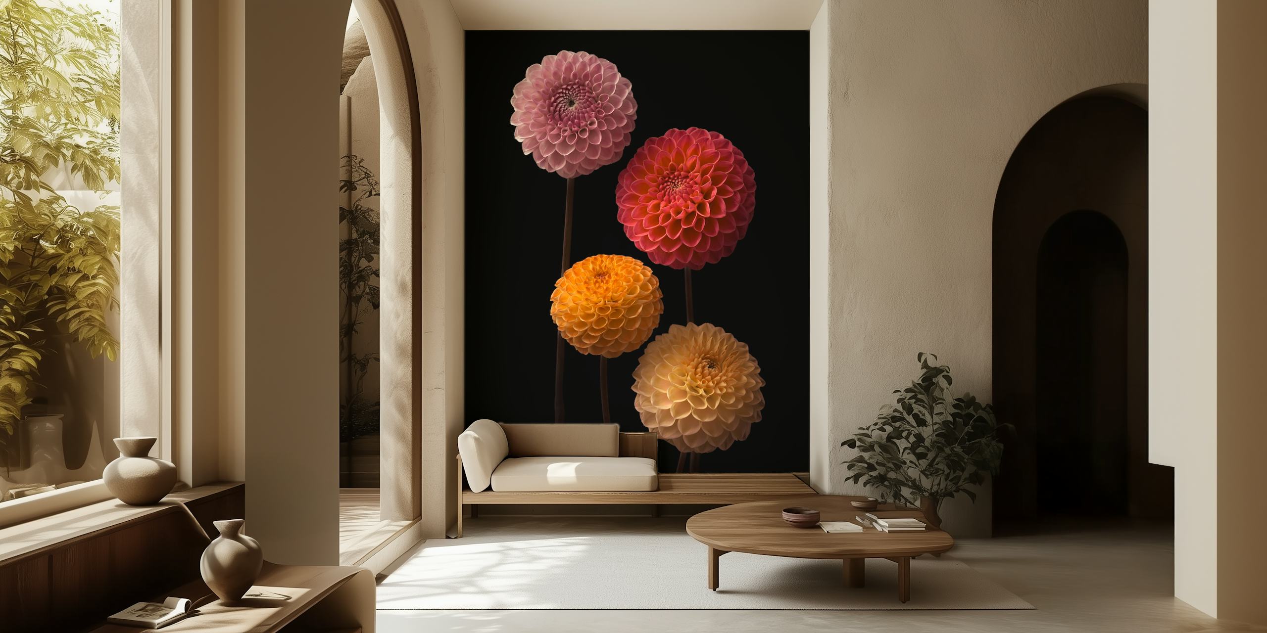 Bloemenbehang met Dahlias in Harmony in zachte kleuren.