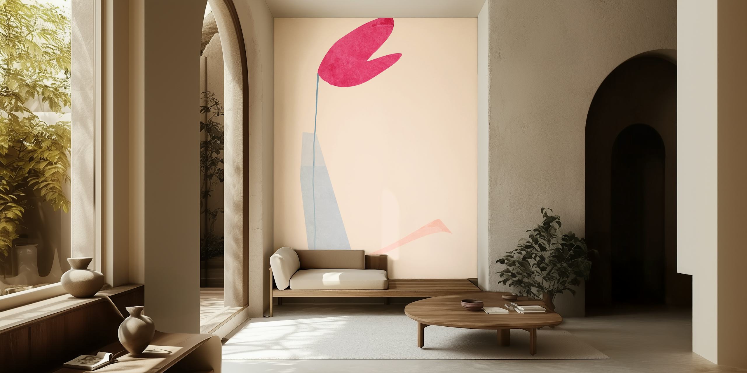 Abstract minimalist wall mural of a pink heart shape balanced on a slender form with a pastel backdrop