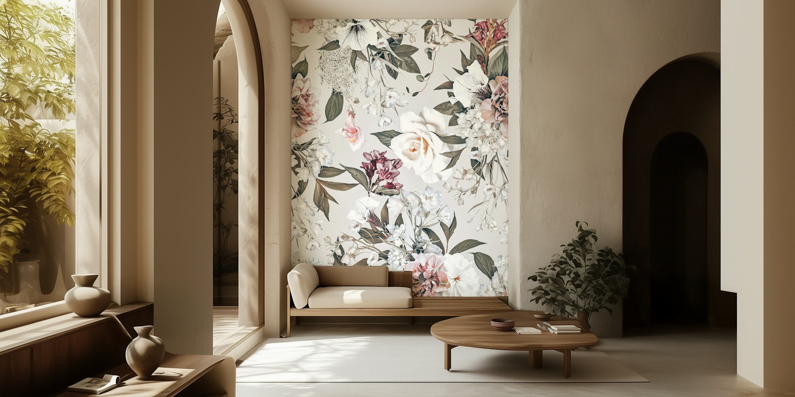 Floral vintage wallpaper in soft pastels with rose and pink hues