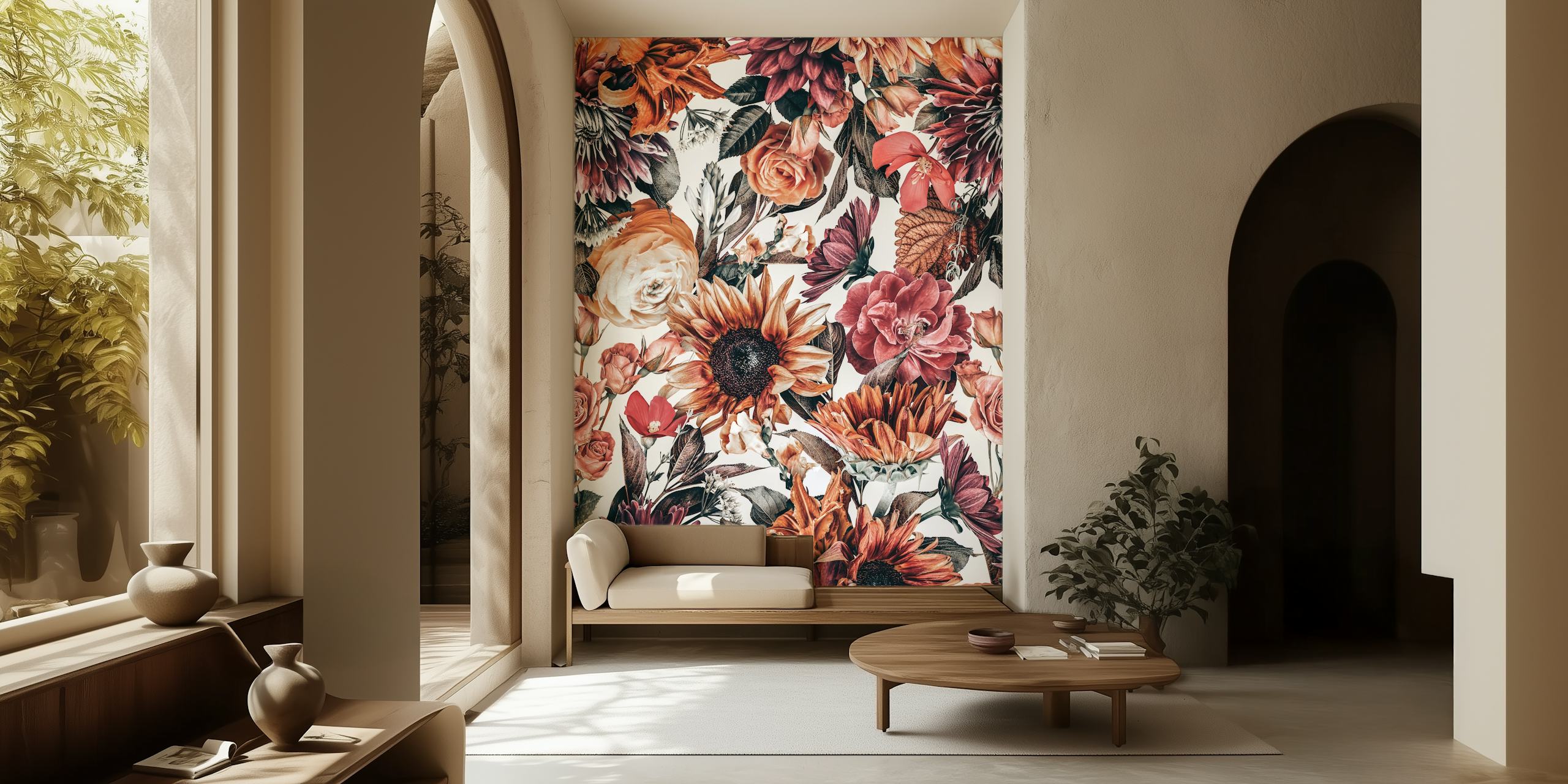 Colorful floral wallpaper featuring sunflowers, roses, and butterflies