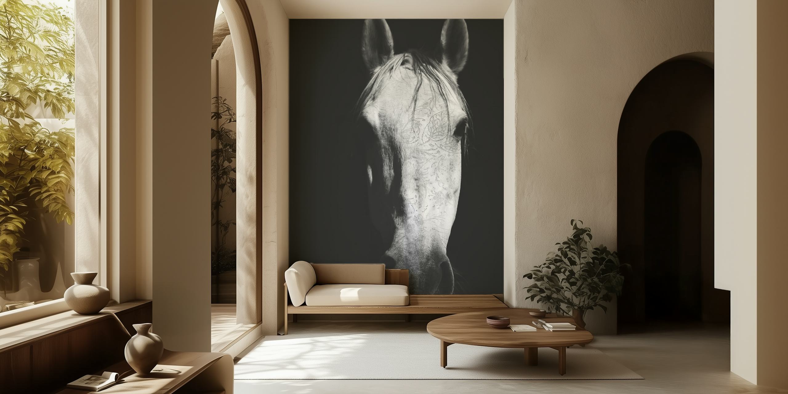Hoofd van een wit paard met tattoo-achtige patronen, zwart-wit wallpaper