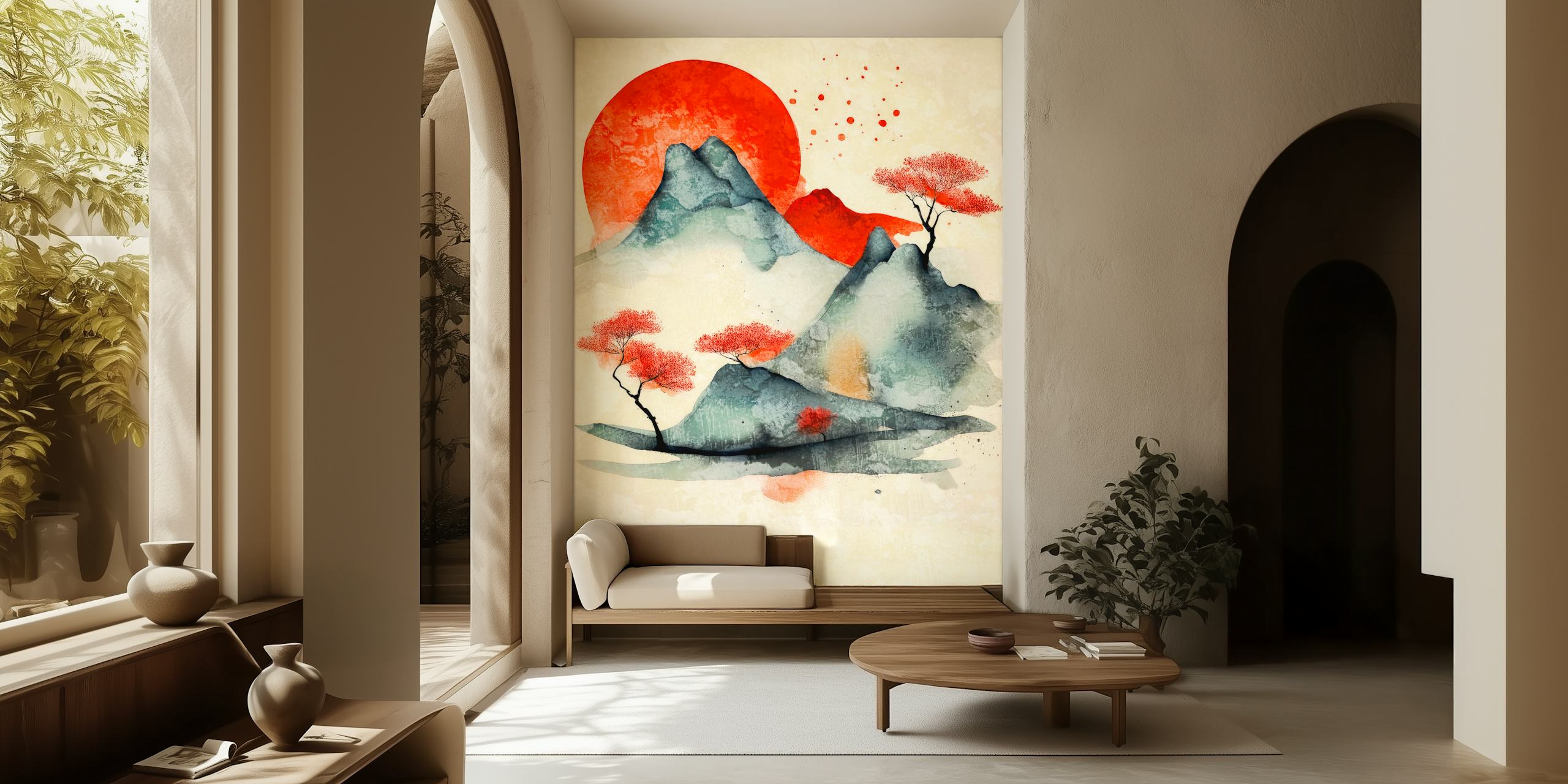 Murale surreale della foresta giapponese con montagne acquerellate e sole rosso