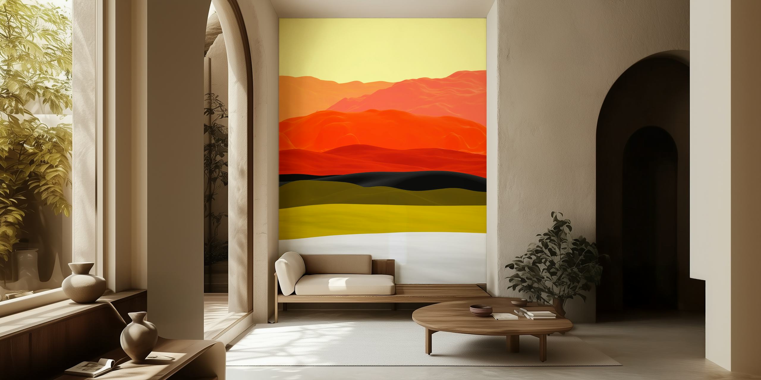 Abstract mountains design in red, yellow, black, and white wallpaper