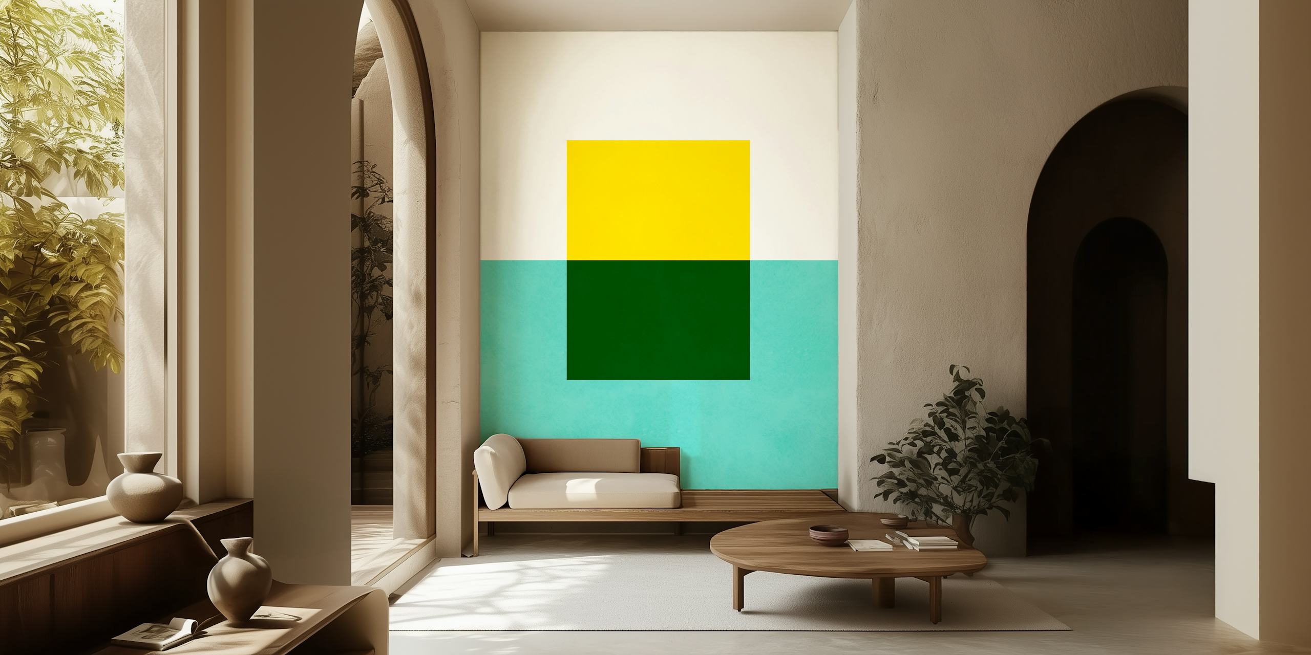 Geometric pattern with green and yellow blocks wallpaper