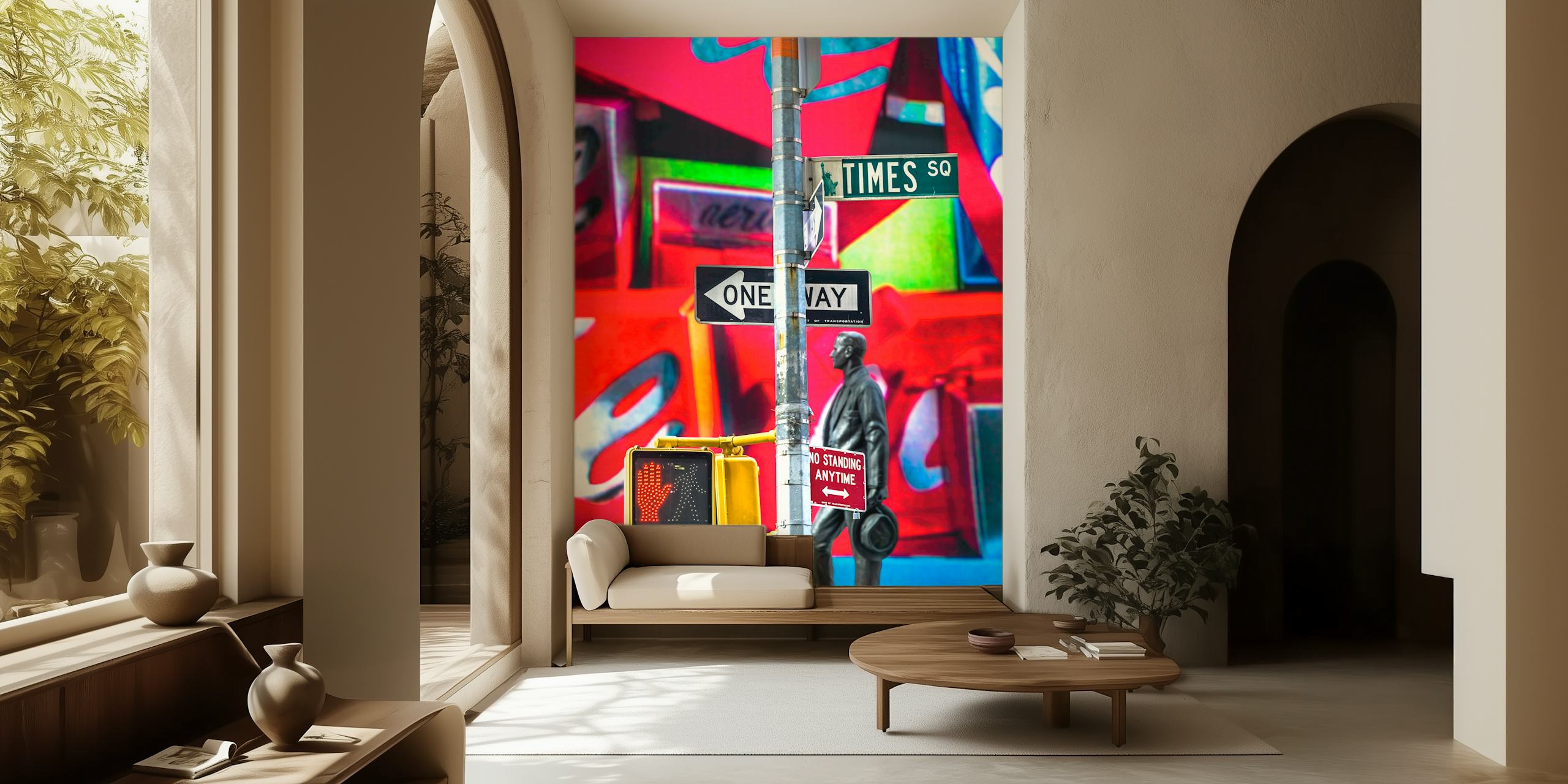 Colorful urban street art wallpaper featuring signage and a statue.