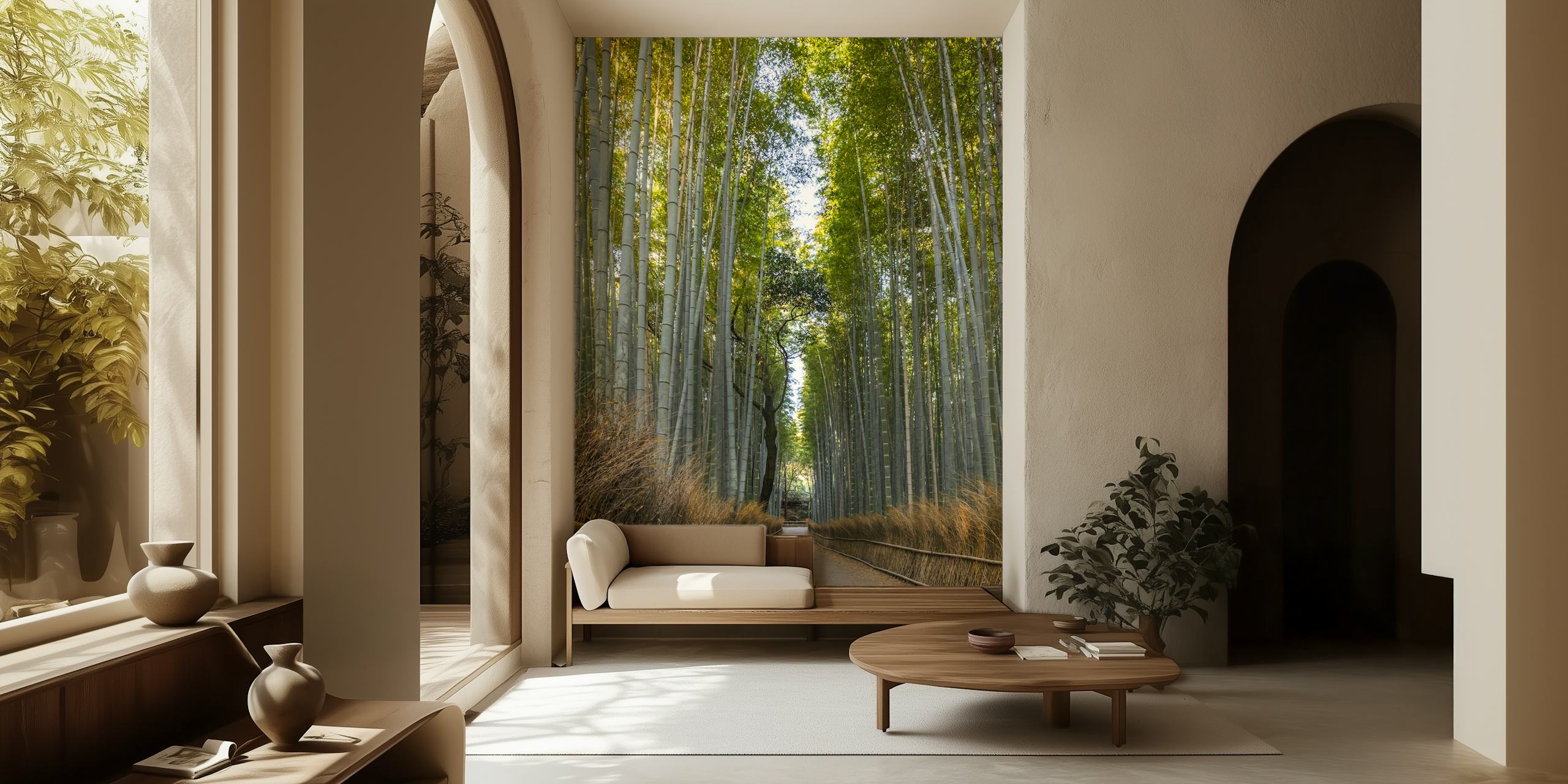 Bamboo trees in a forest with green leaves wallpaper