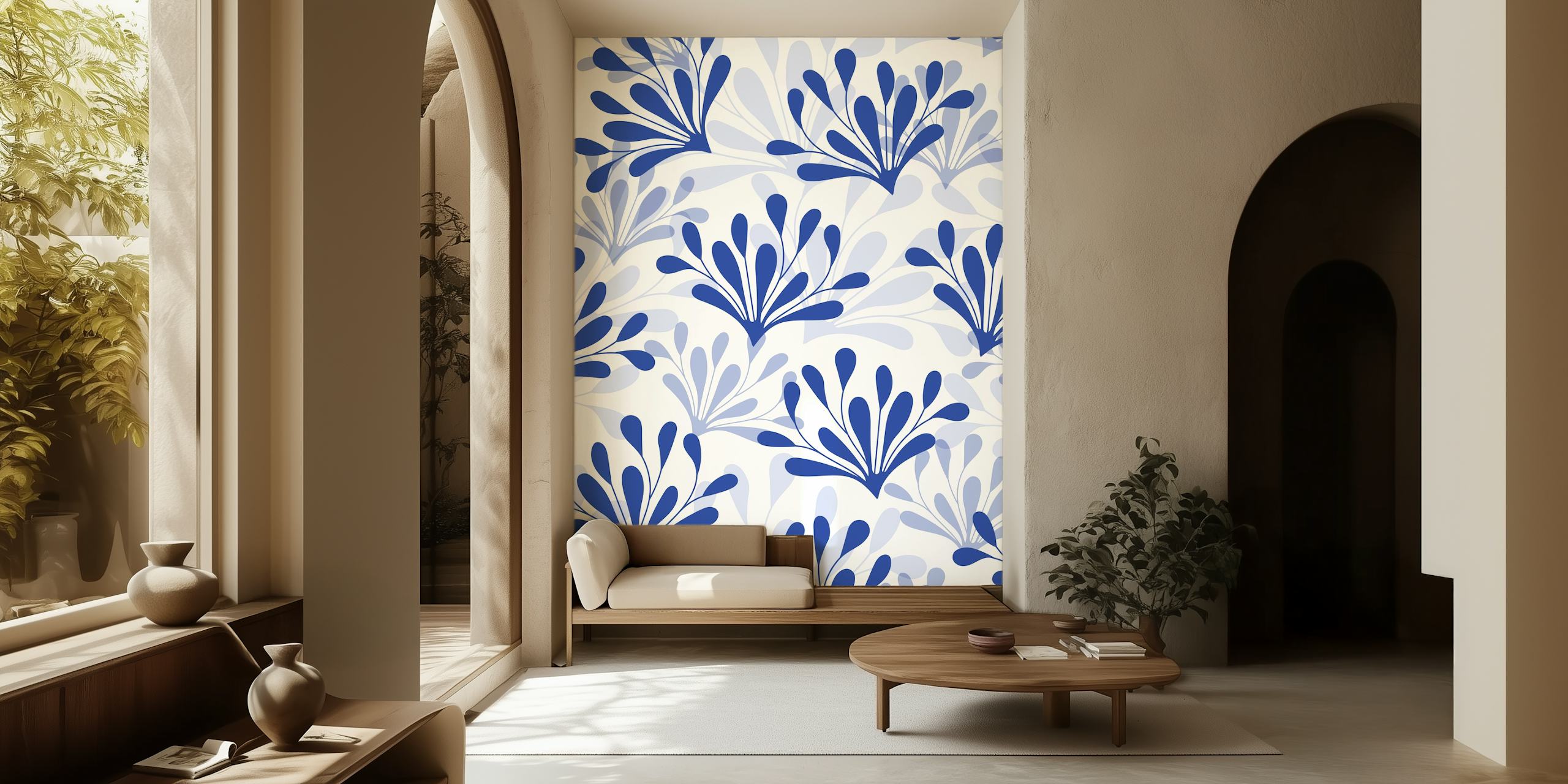 Blue floral pattern on white background wallpaper