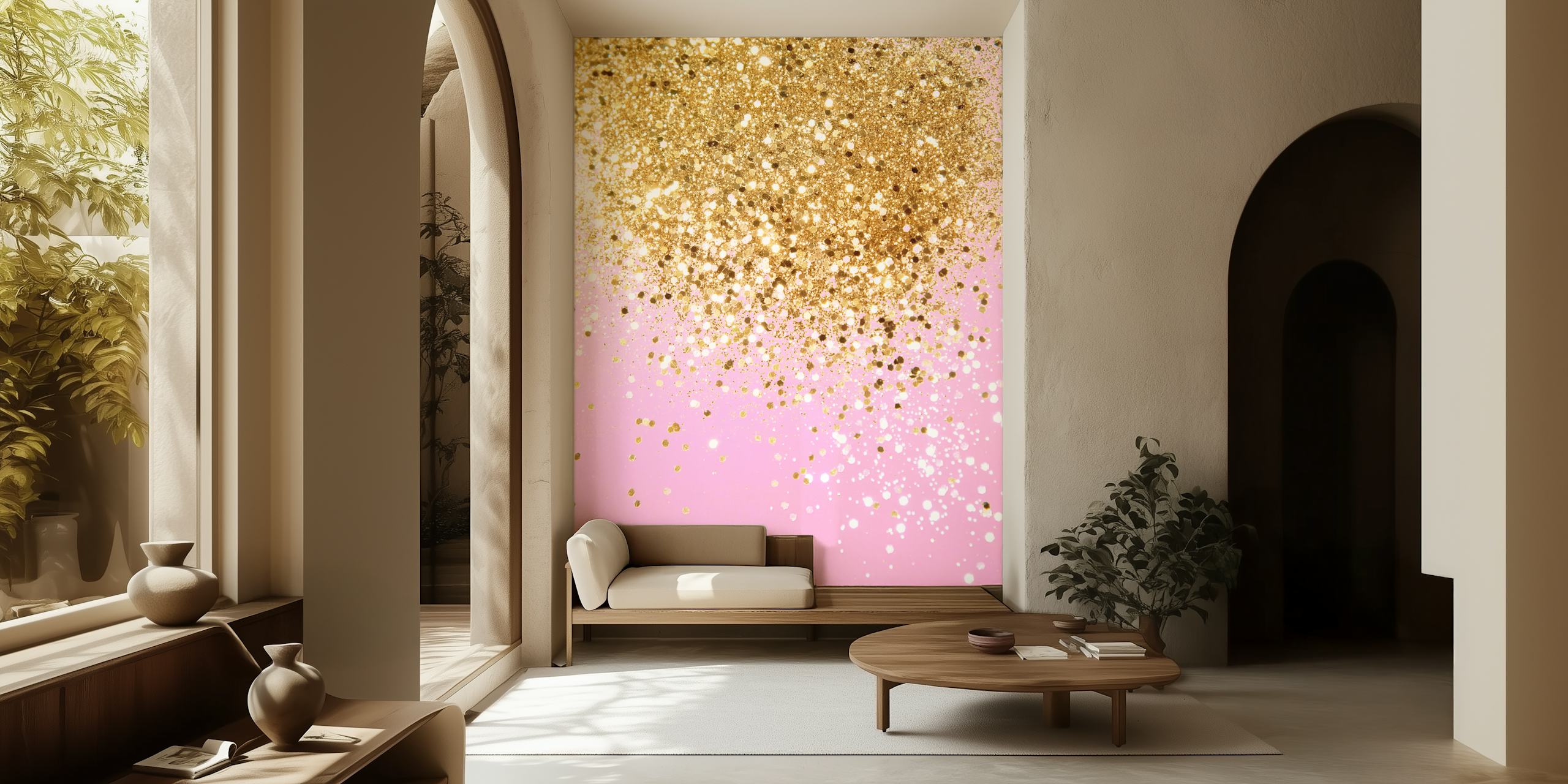 Glittering gold and pink particles creating a sparkling wallpaper design