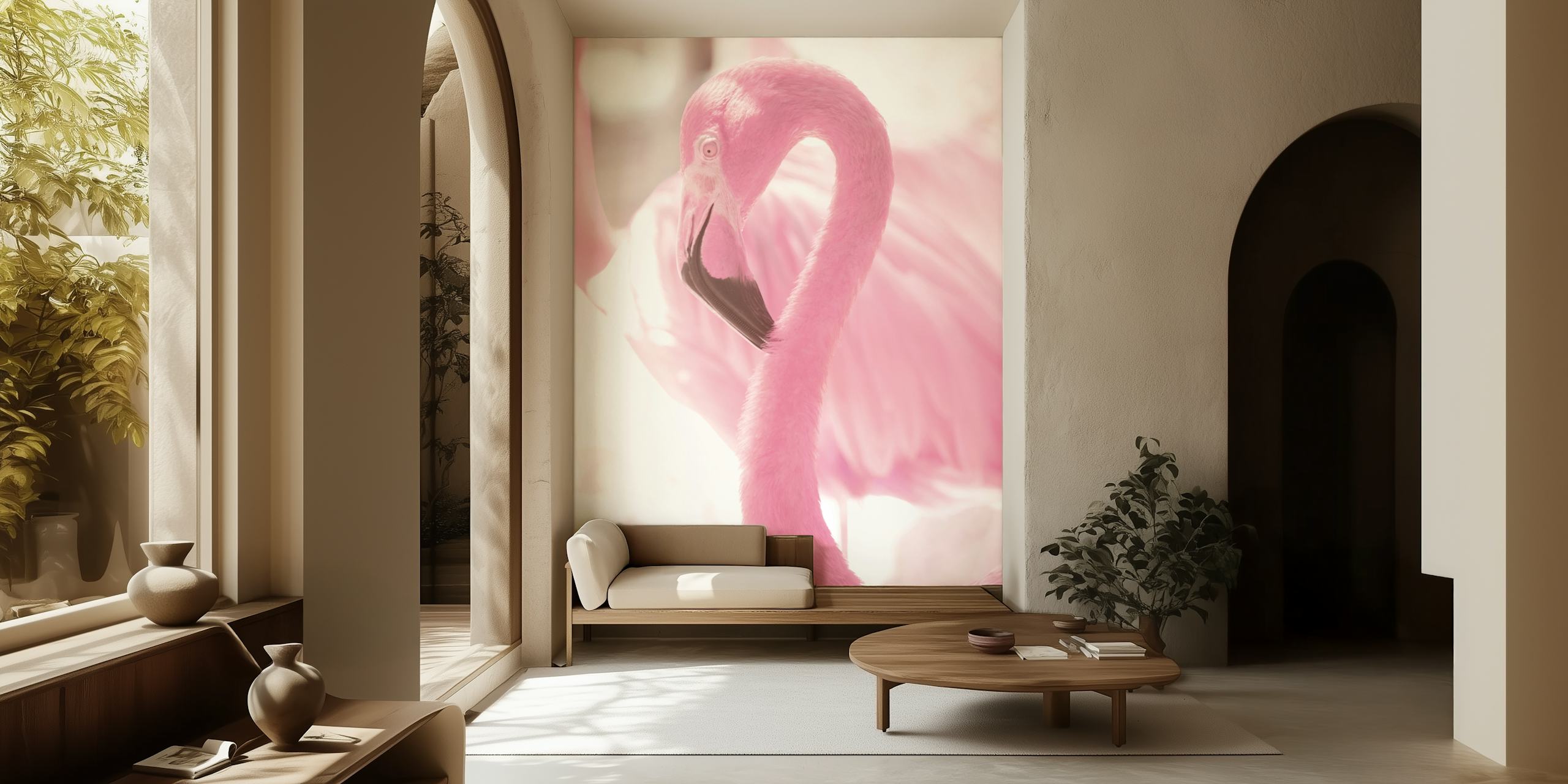 Pink flamingo with soft pink tones, floral style wallpaper