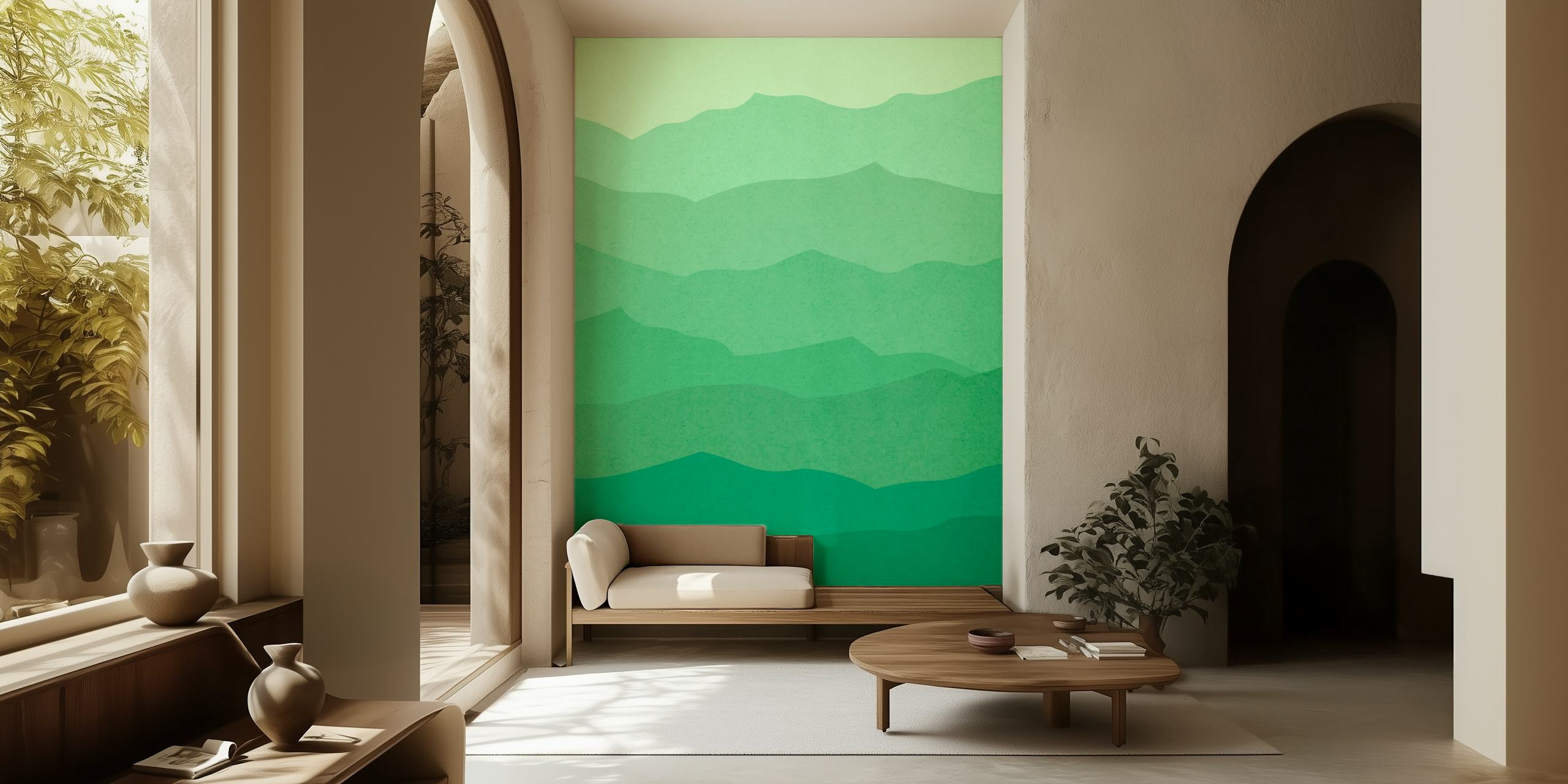 Layered green watercolor mountains wallpaper