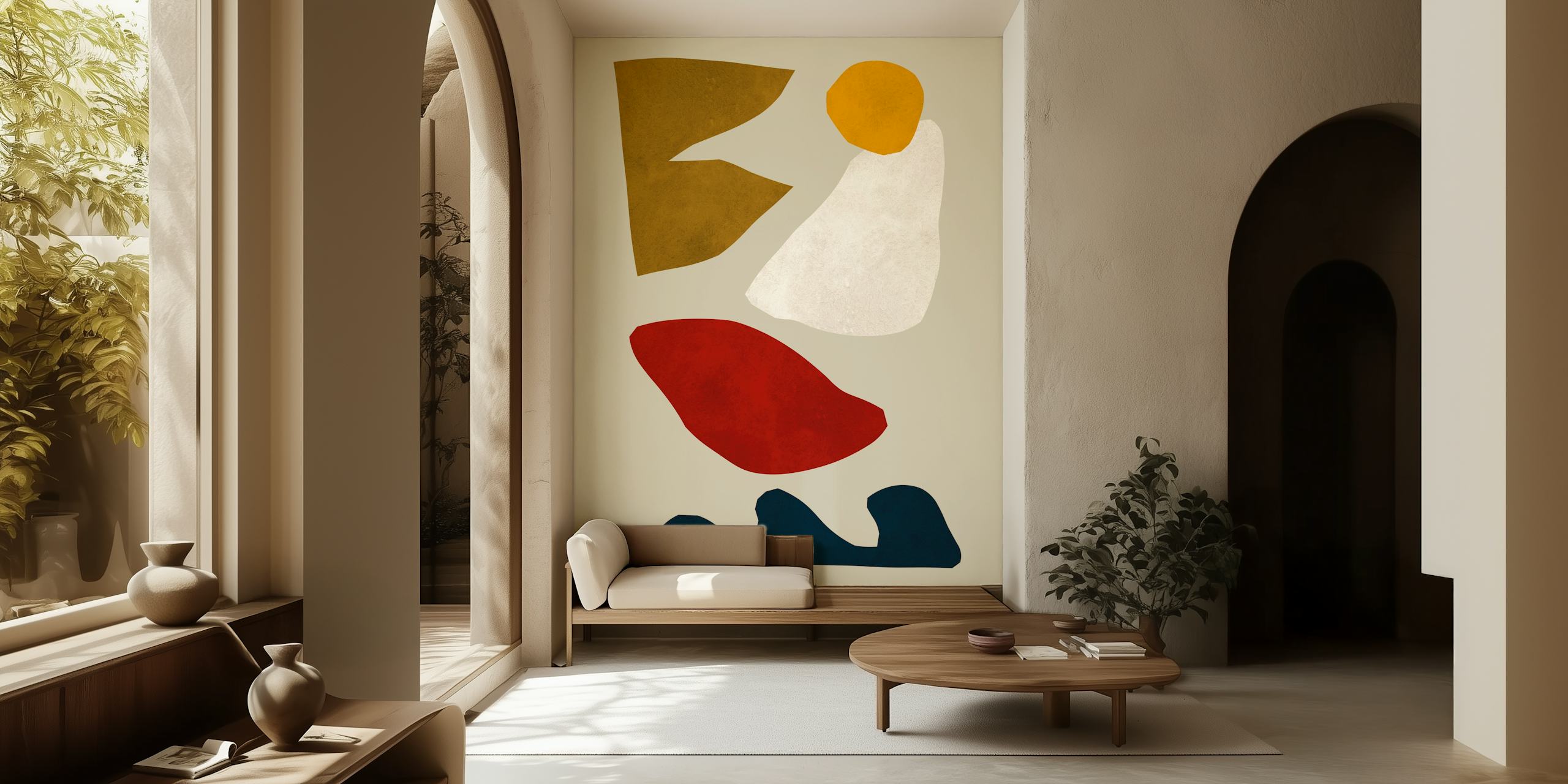 Abstract shapes in earthy tones of brown, red, white, and blue wallpaper