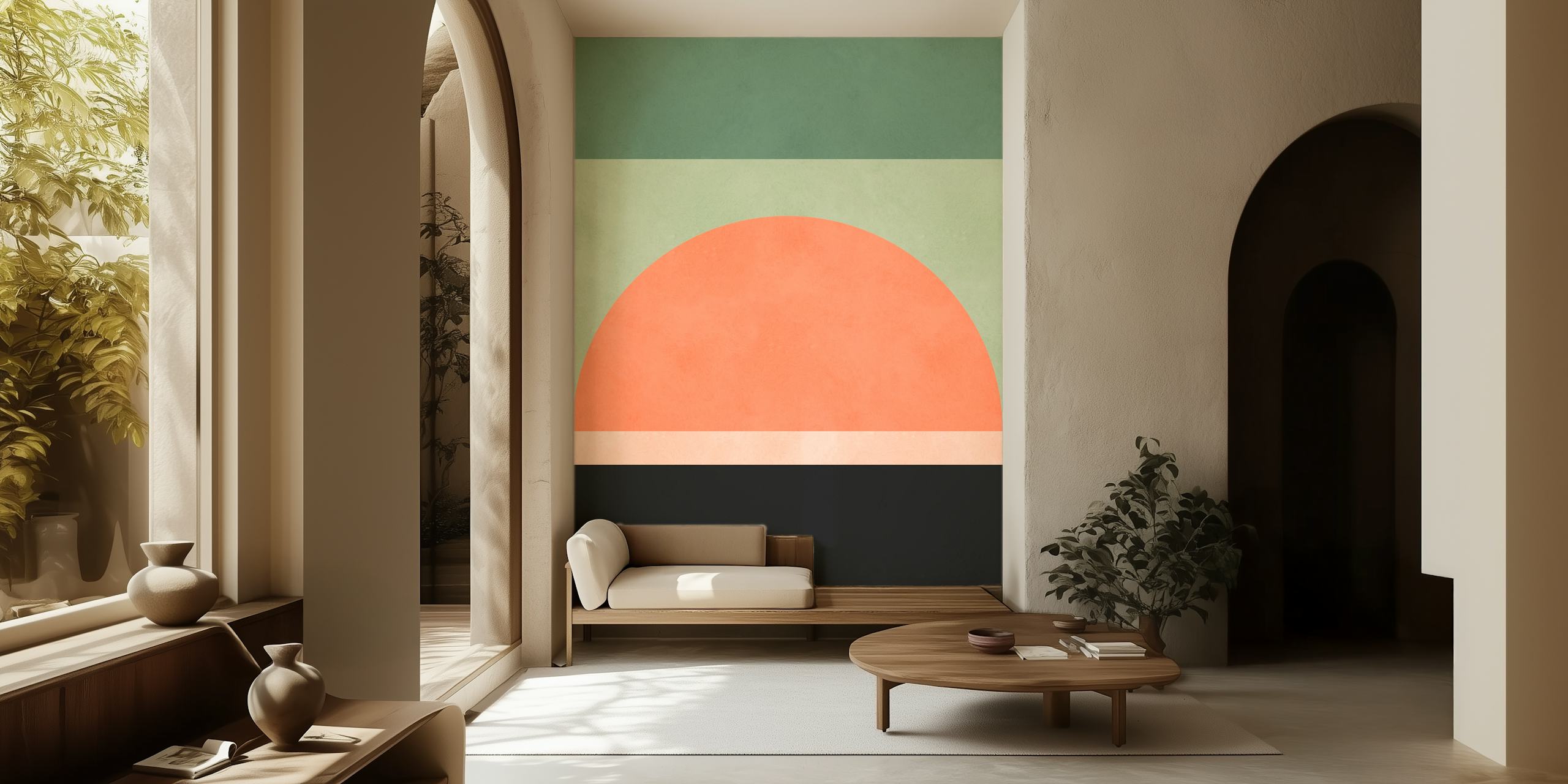 Murales d'arte contemporanea minimalista con un semicircolo in toni pesca caldi su uno sfondo rigato verde mare e nero