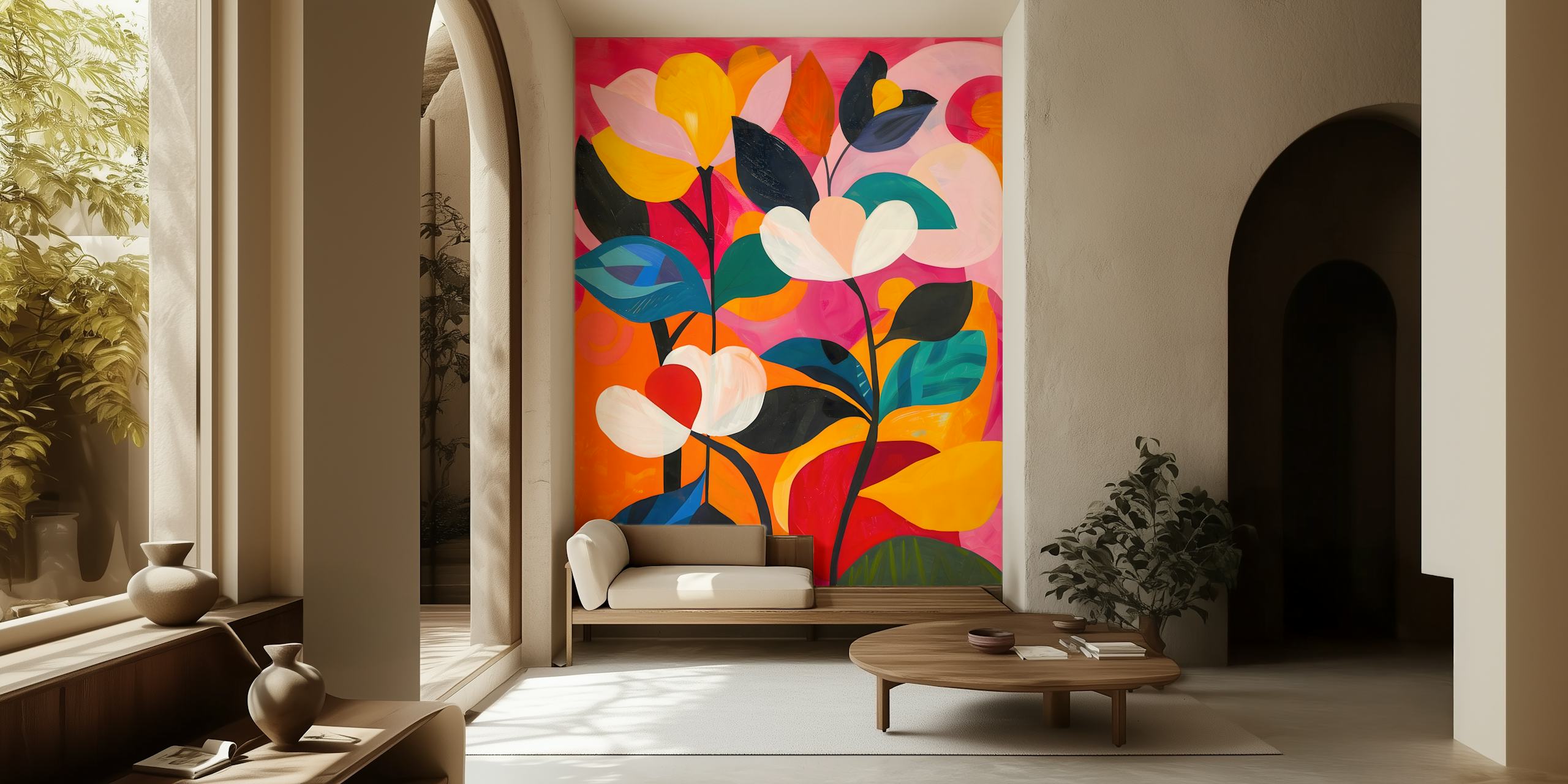 Vibrant floral wallpaper in a room