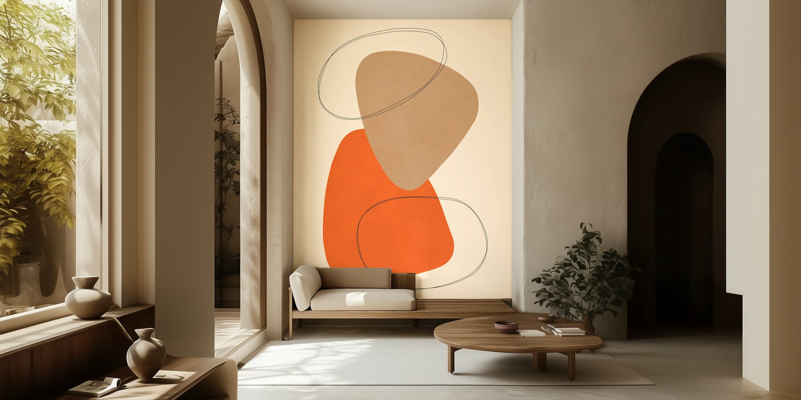 Modern abstract shapes in orange and beige wallpaper