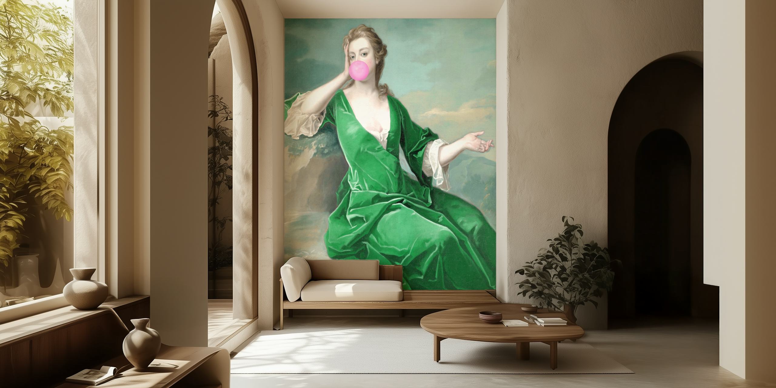 Γυναίκα σε πράσινο φόρεμα με τσίχλα