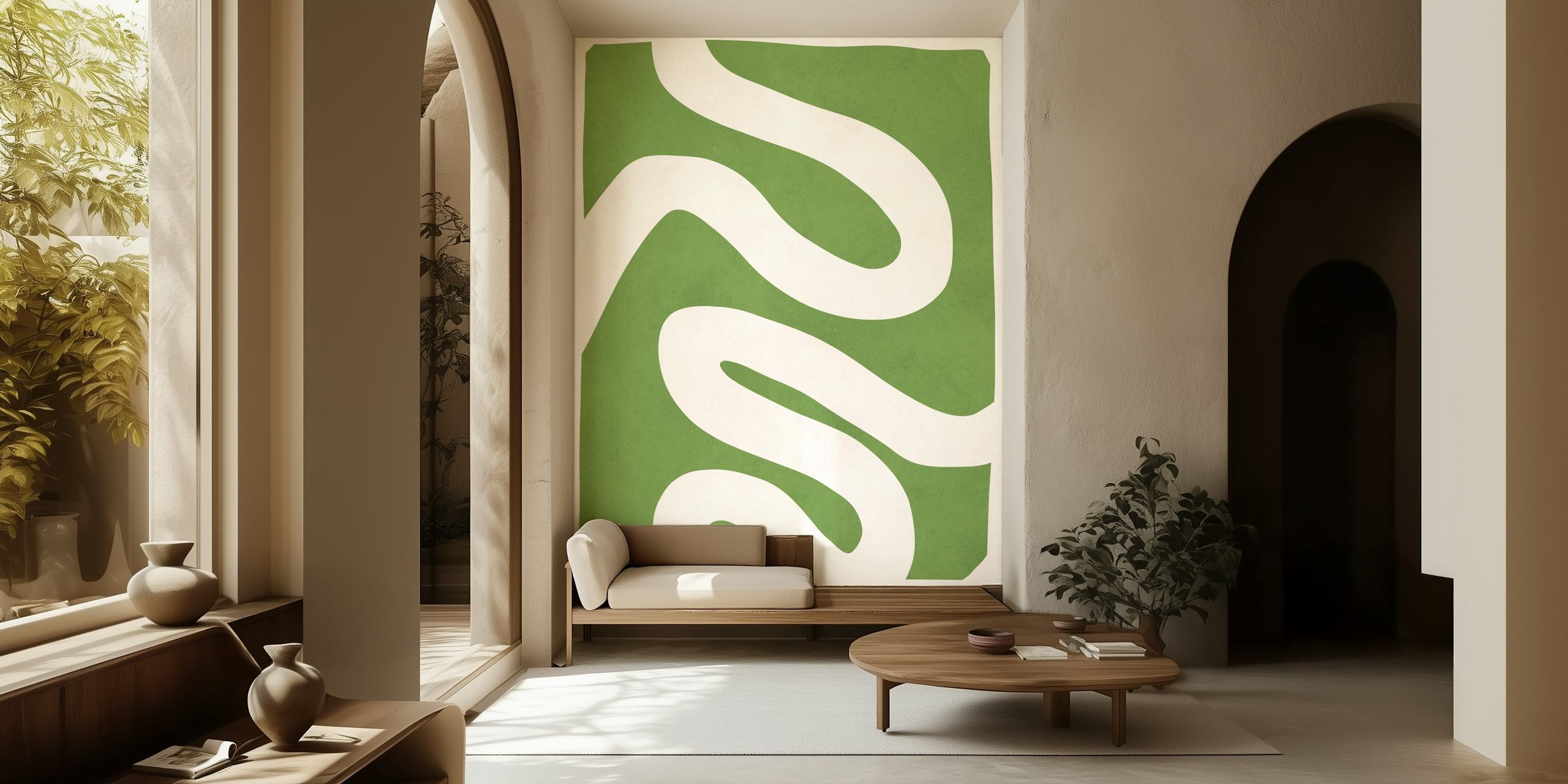 Papel de parede verde abstrato com linhas em uma sala