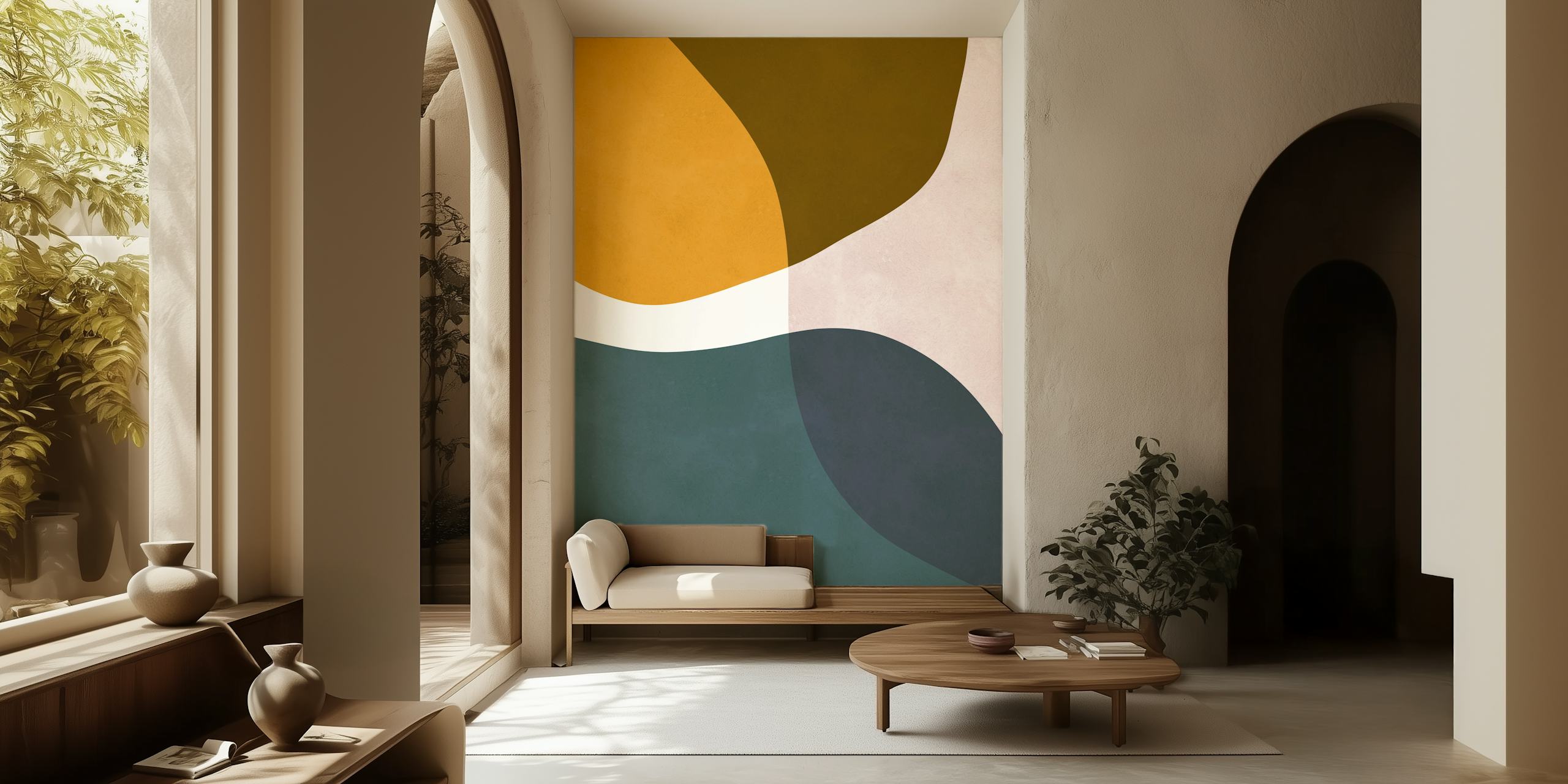Abstract wallpaper featuring curved shapes in muted colors: olive green, mustard yellow, and soft pink.