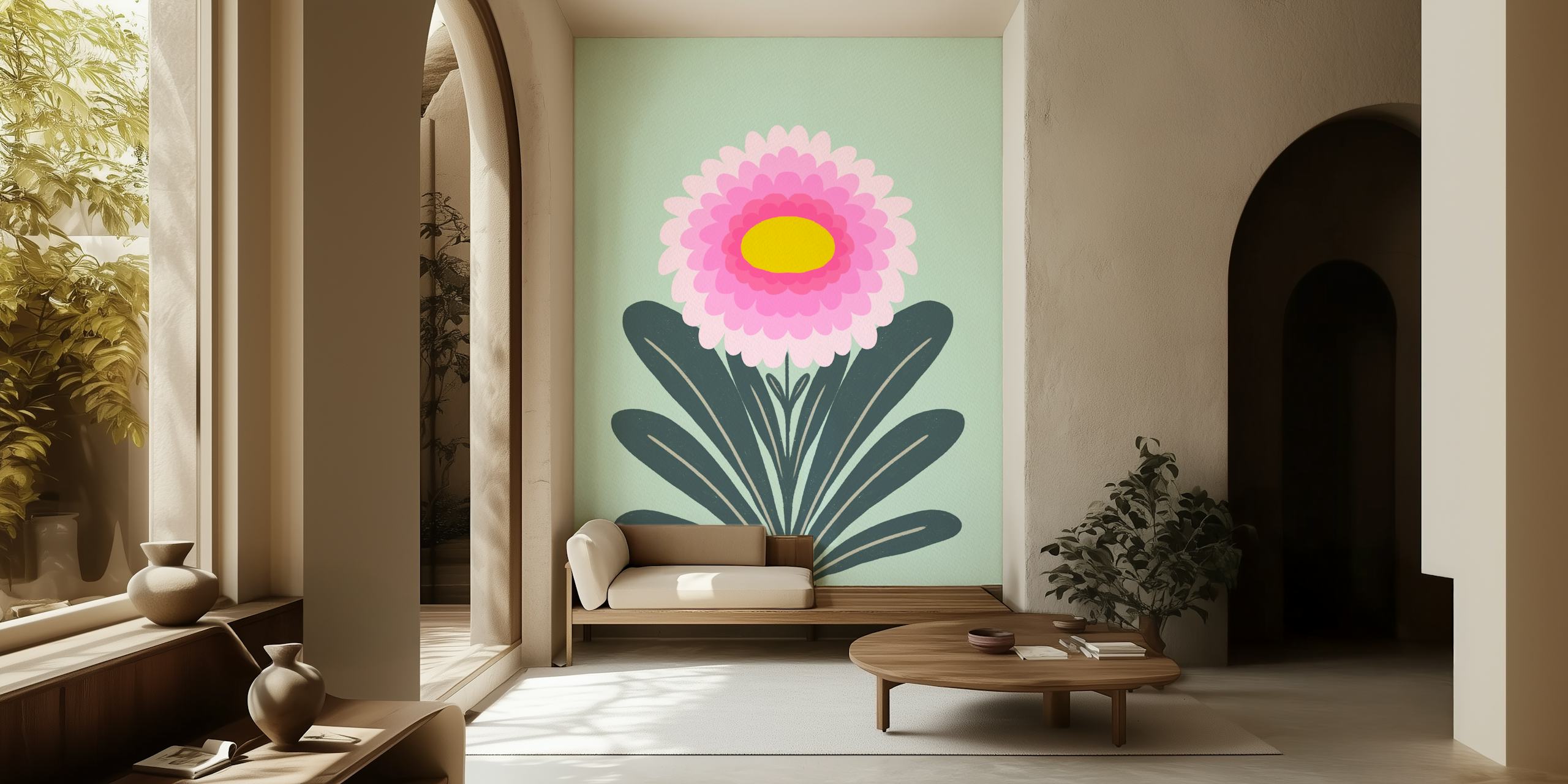 Pink dahlia flower with green leaves wallpaper