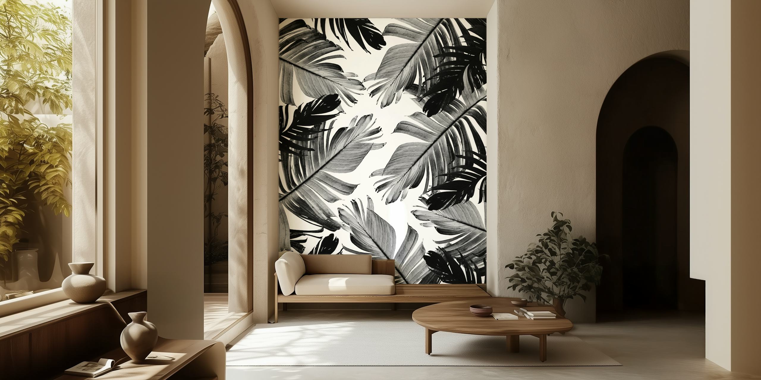 Black and white tropical banana leaves wallpaper