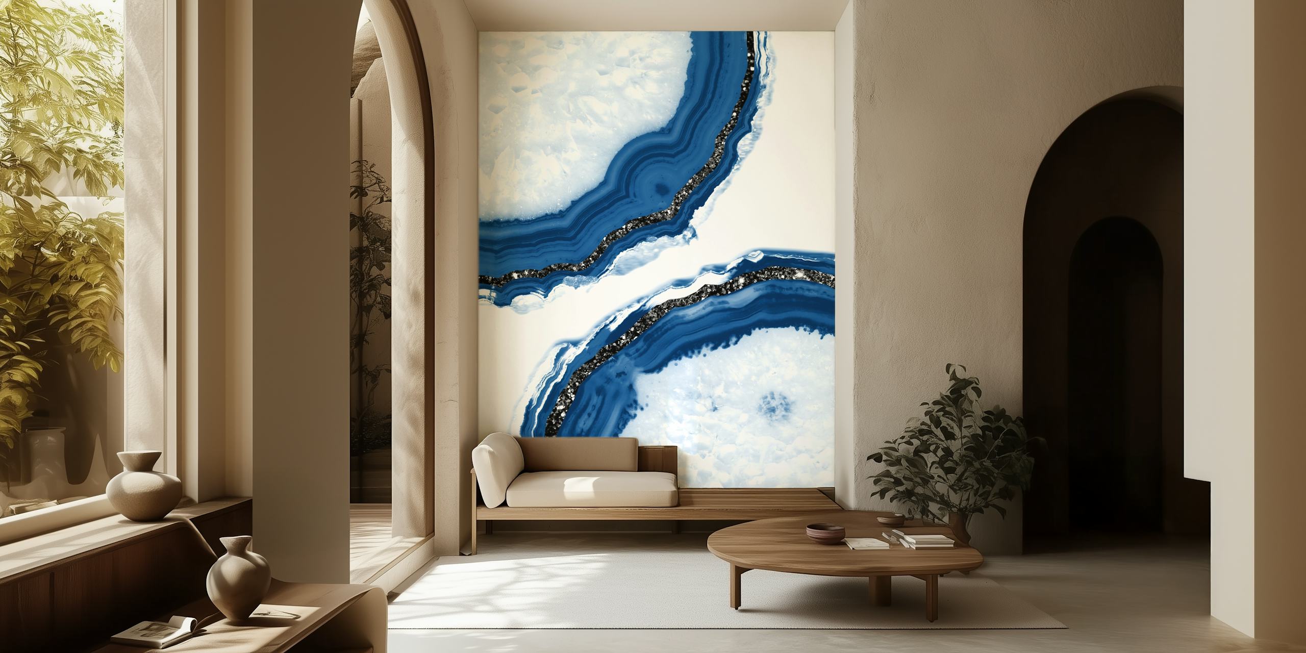 Κομψό τοιχογραφία εμπνευσμένο από το Agate Glitter Glam 14 με μπλε και λευκά μοτίβα και γυαλιστερές λεπτομέρειες