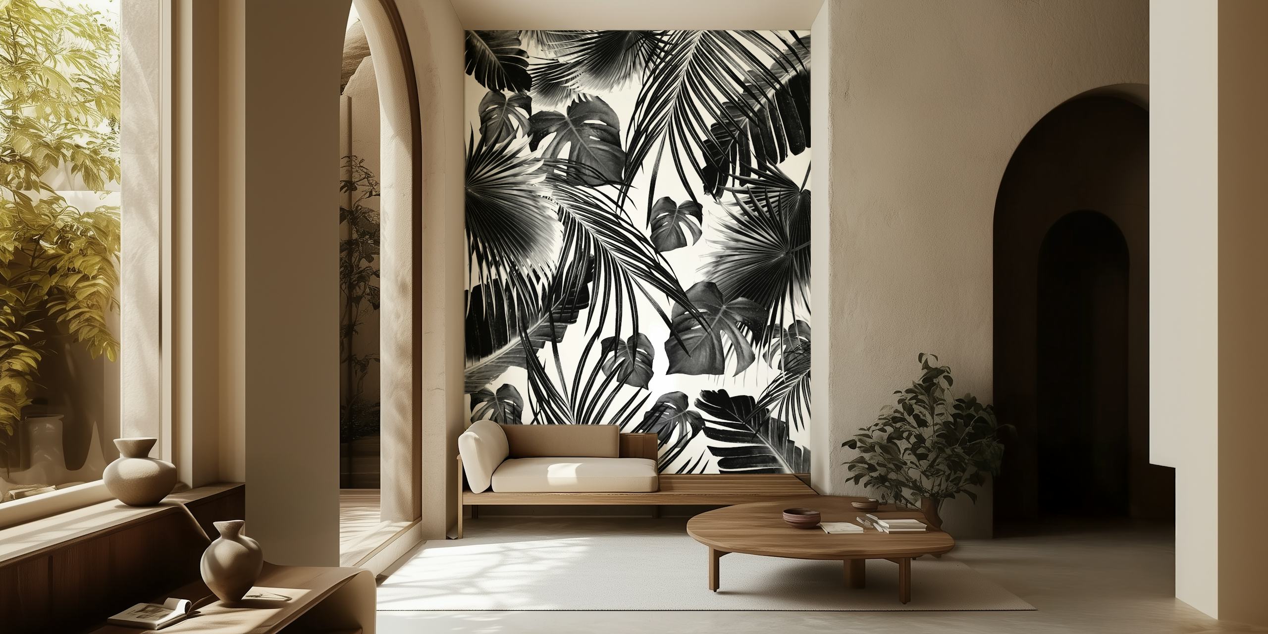 Tropical jungle leaves wallpaper in a room