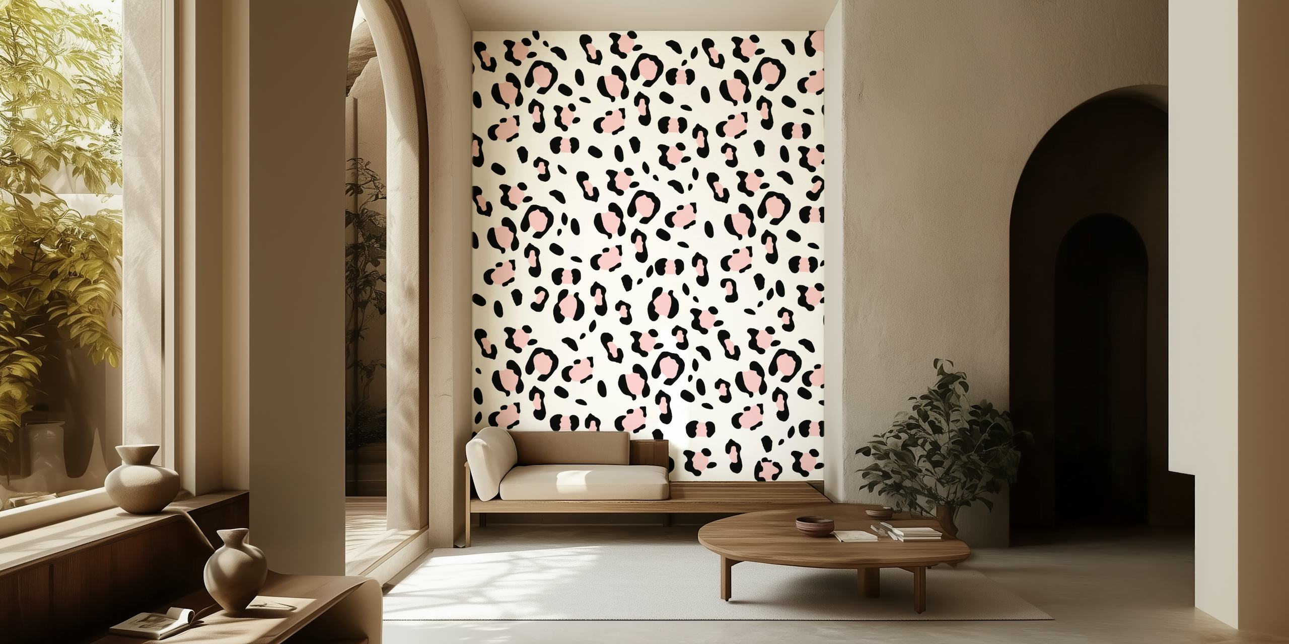 Leopard Animal Print Glam 7 veggmaleri med rosa og svarte flekker på en hvit bakgrunn
