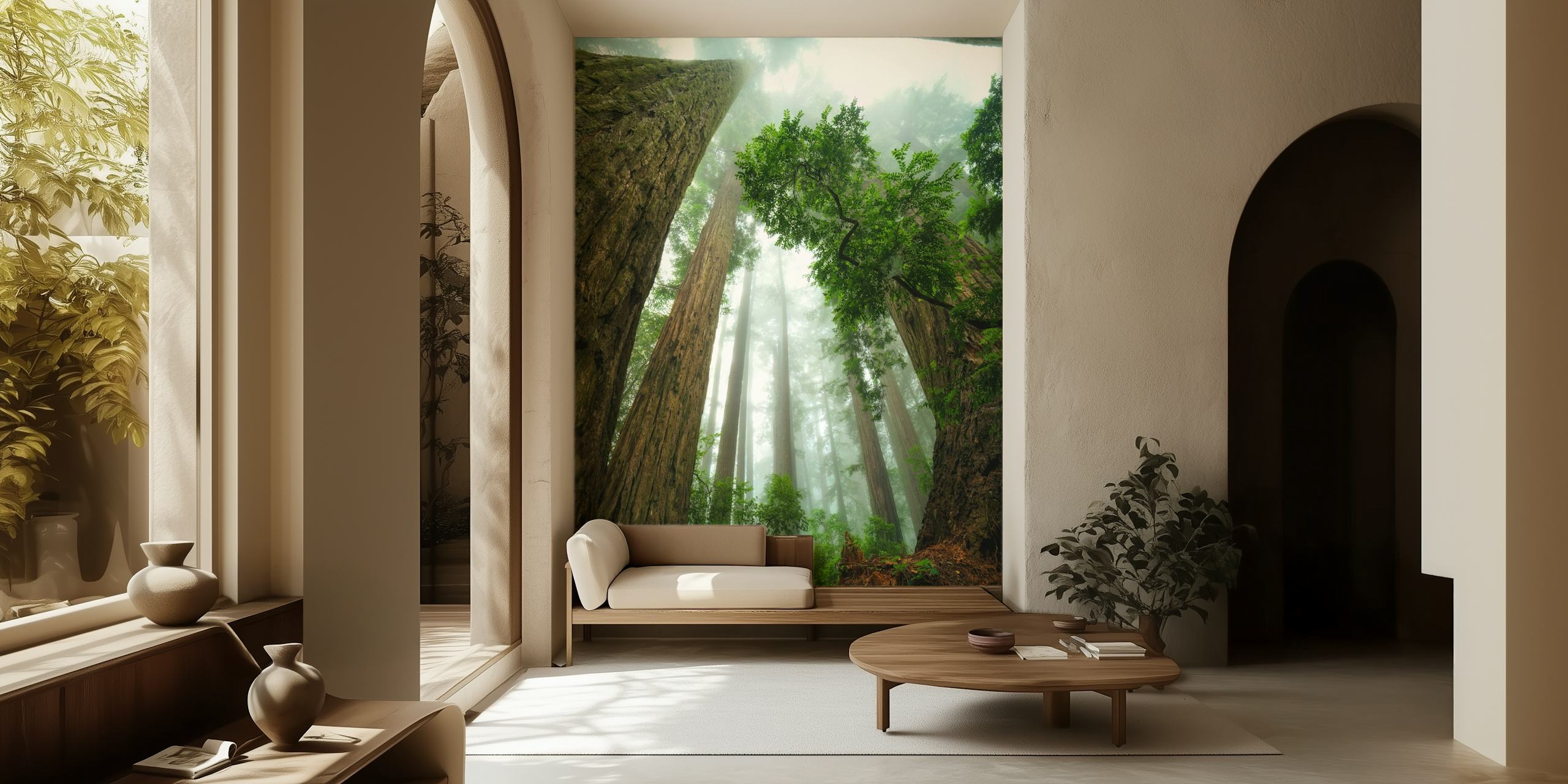 California redwoods in misty forest with tall trees wallpaper