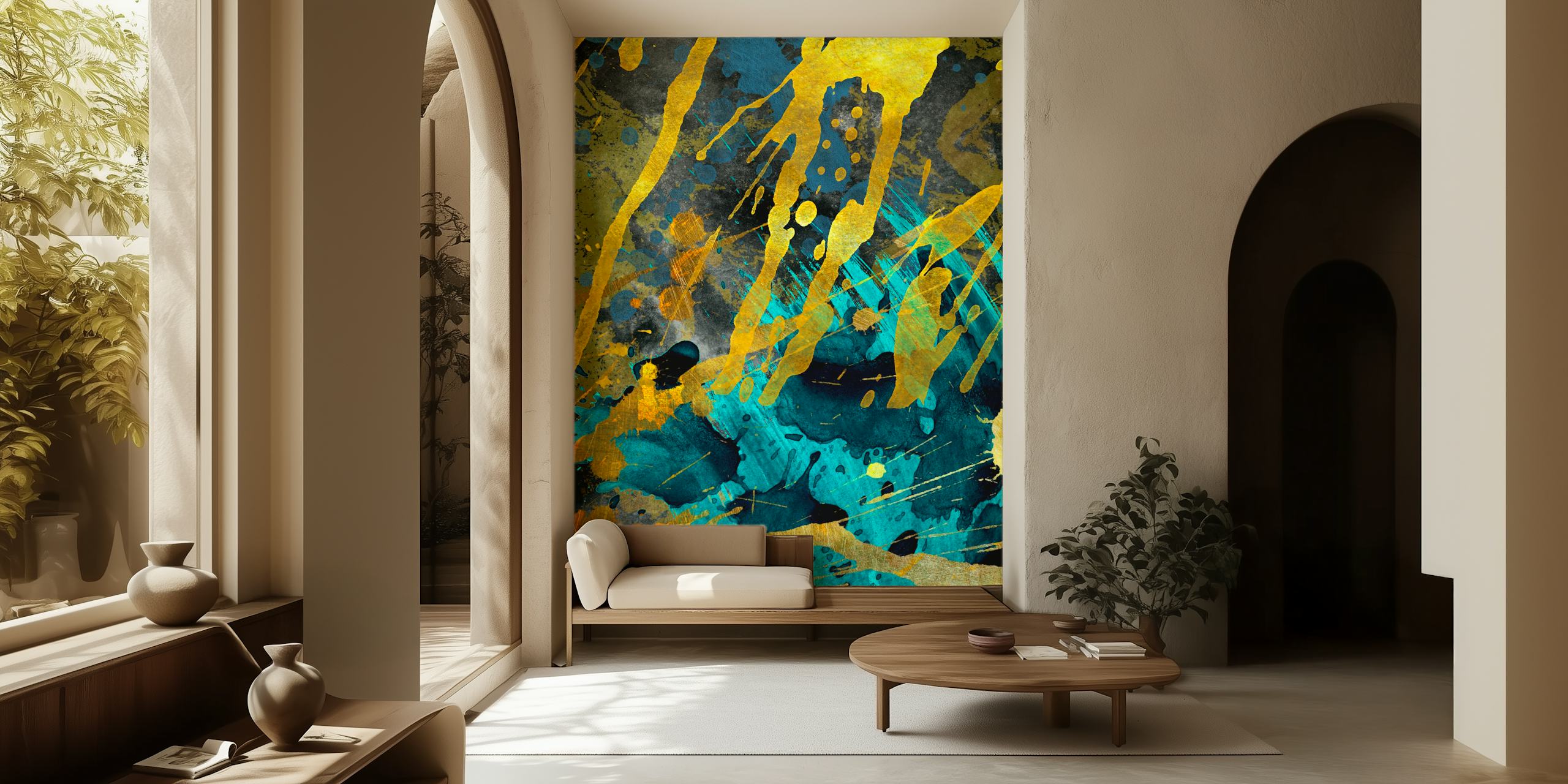 Blue abstract wallpaper with gold metallic geometric shapes and splashes