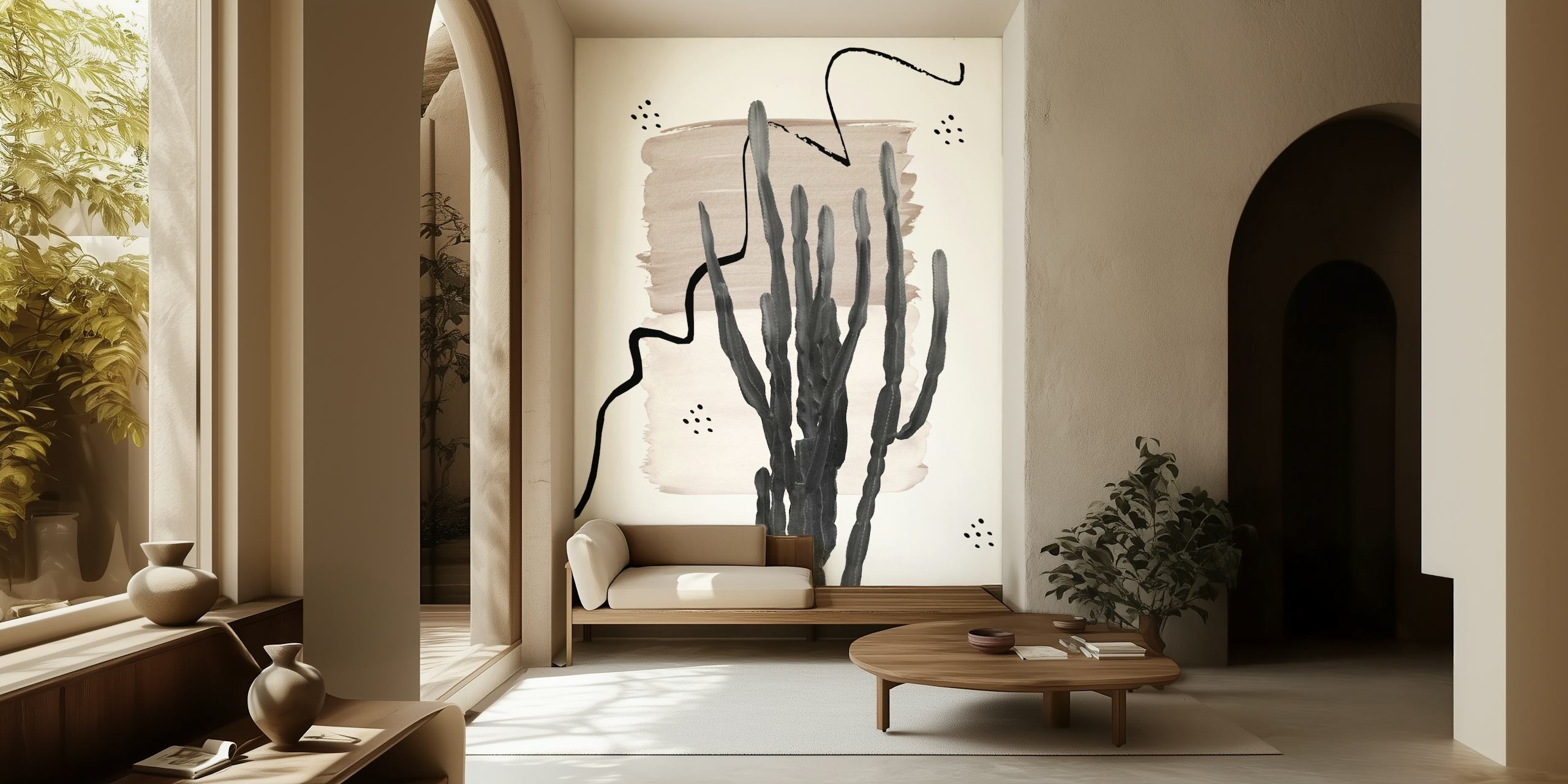 Abstract cactus design in black and beige tones on wallpaper