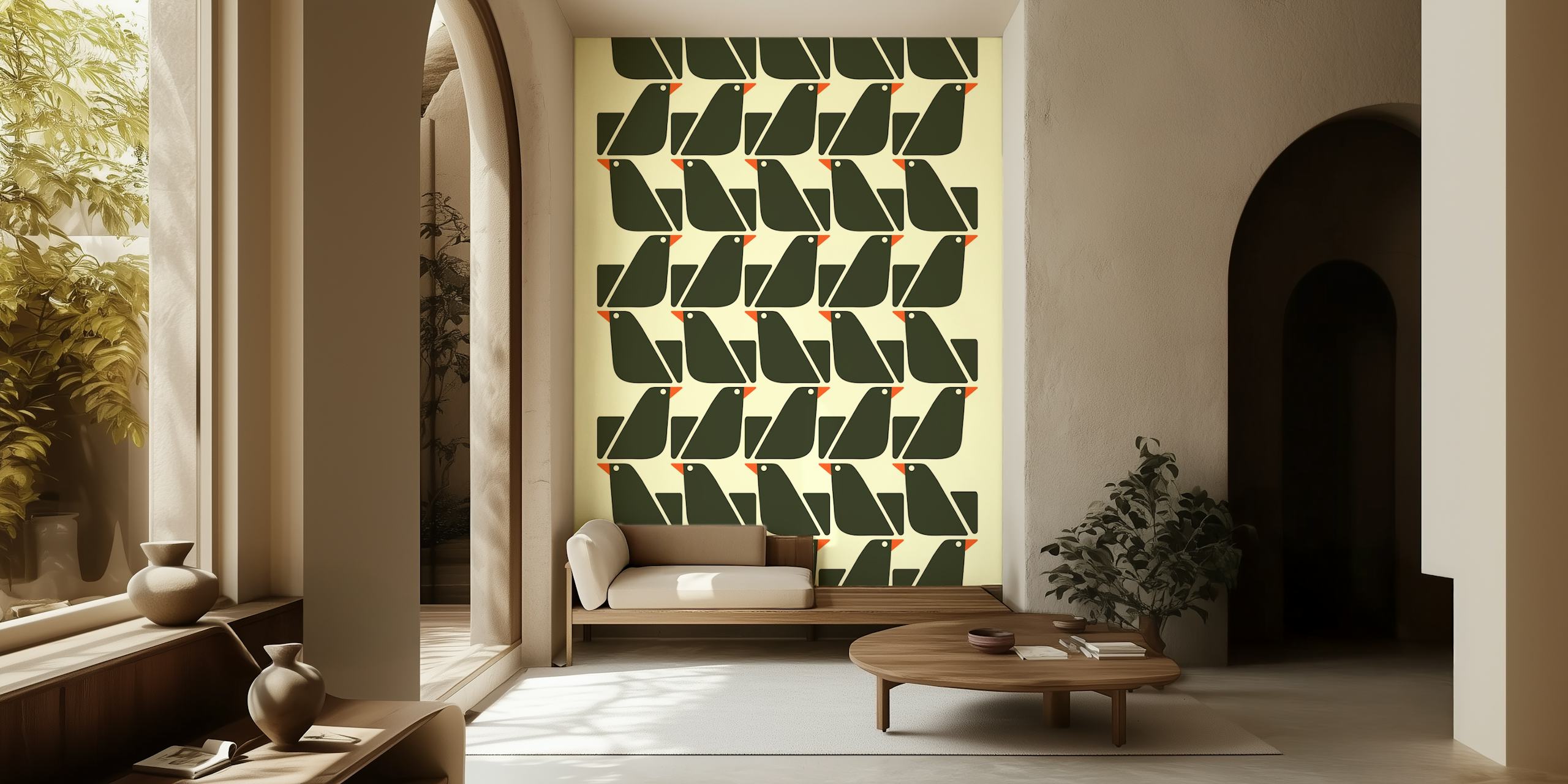 Pattern of black birds on warm cream wallpaper