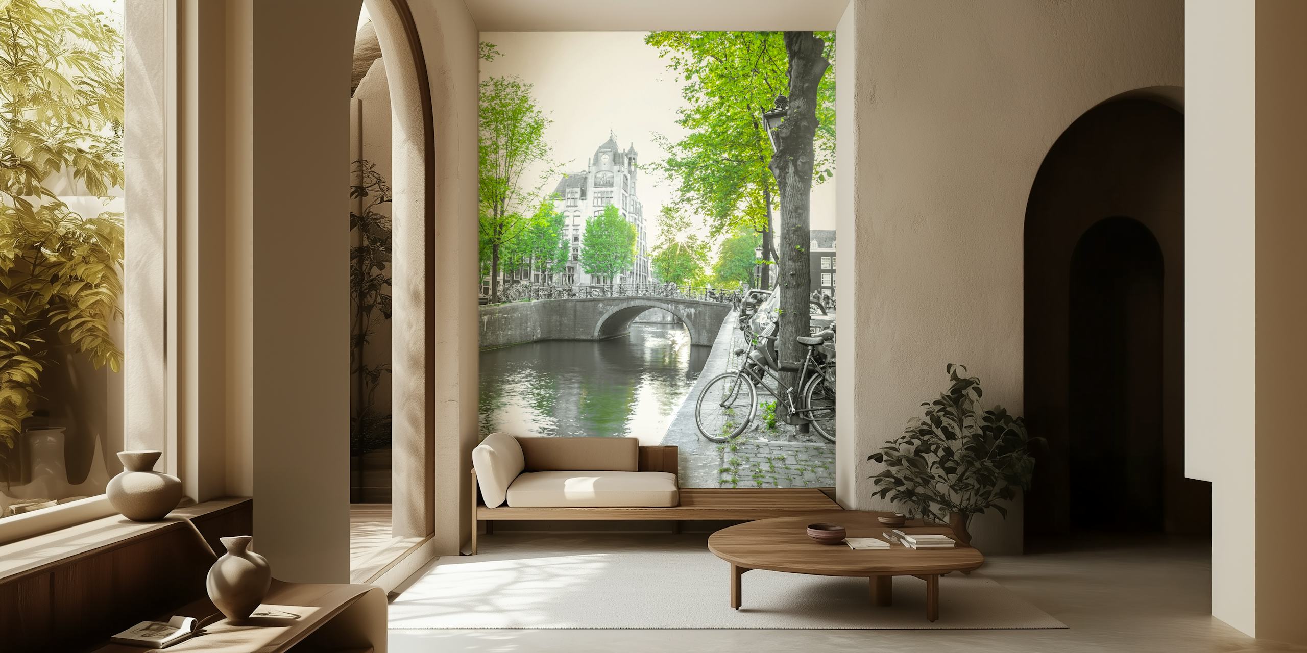 Bicycles by a canal with trees and buildings in black and white wallpaper