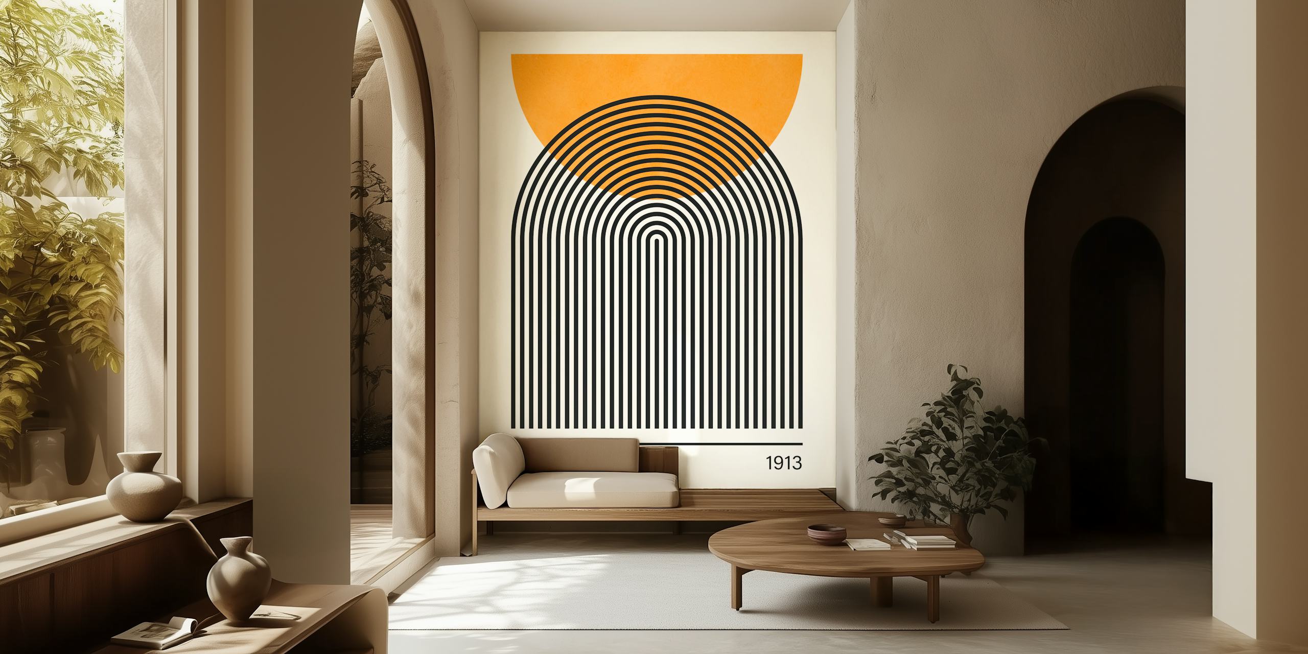 Black and white geometric lines with orange semi-circle wallpaper