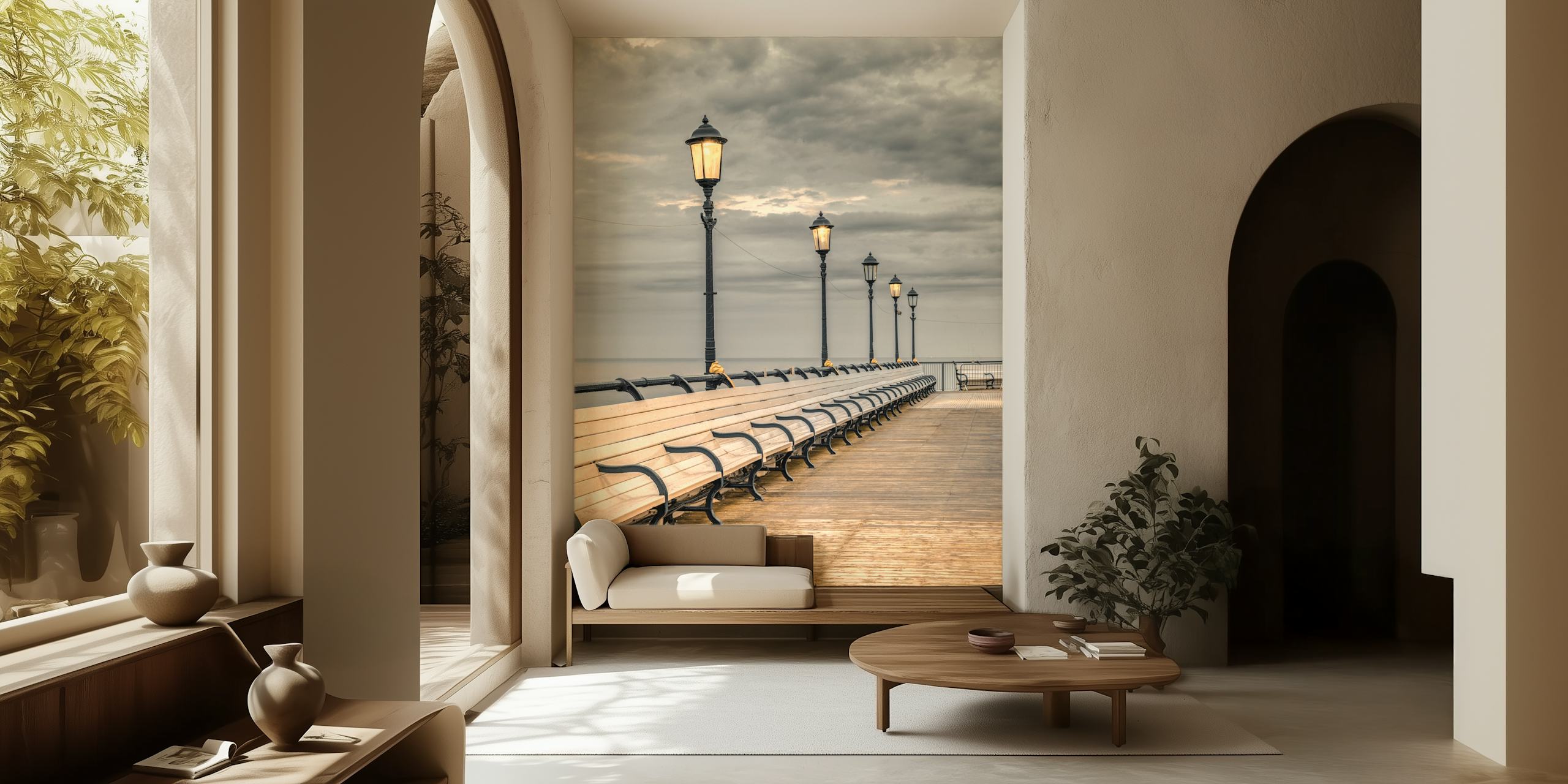 Eastbourne jetty with lampposts and wooden benches black and white wallpaper