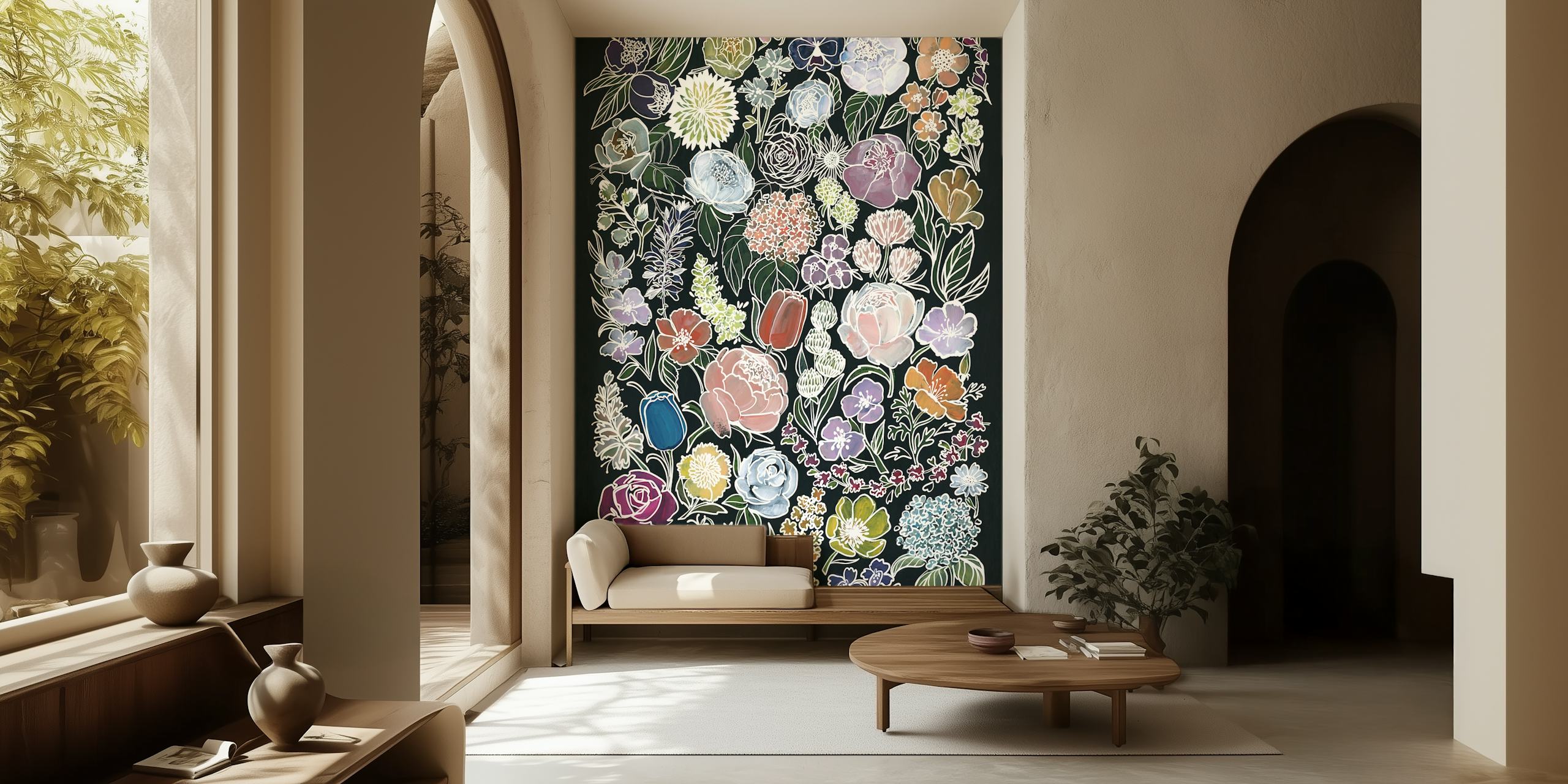 Ragni moody flowers in white wallpaper displayed in a room