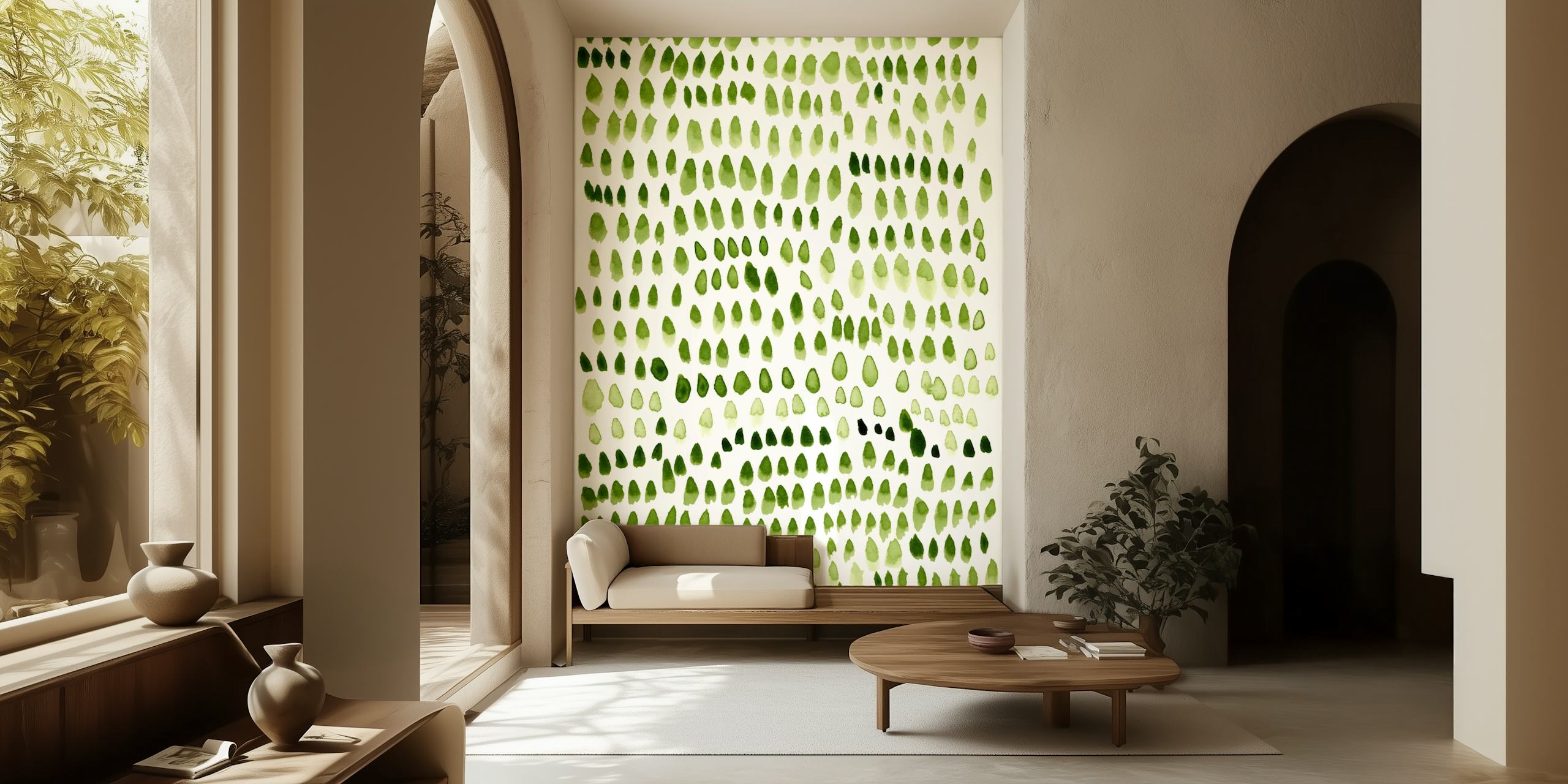 Green painted dots wallpaper in a room