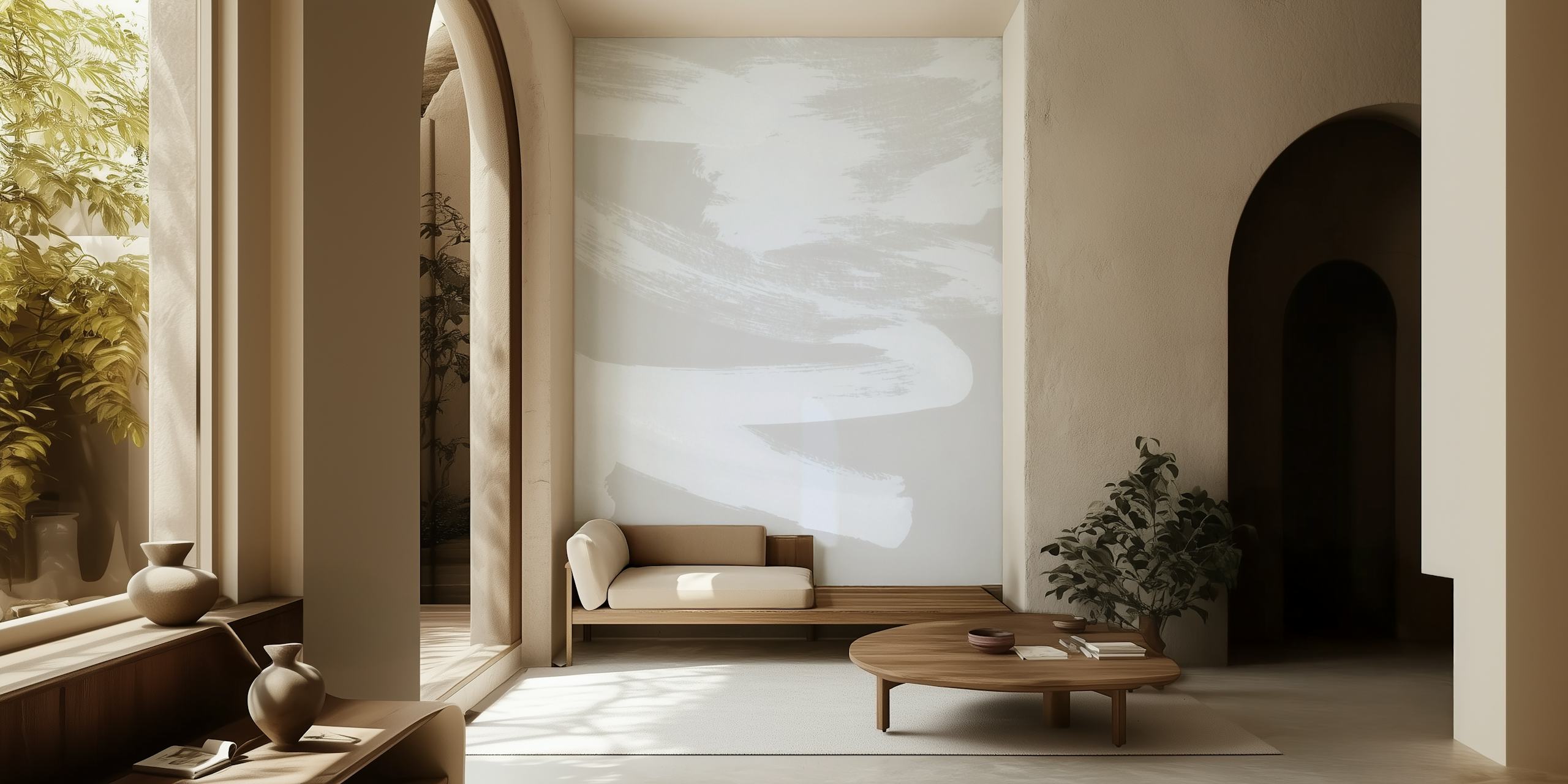 Abstract neutral gestural brushstrokes wall mural in shades of white and gray