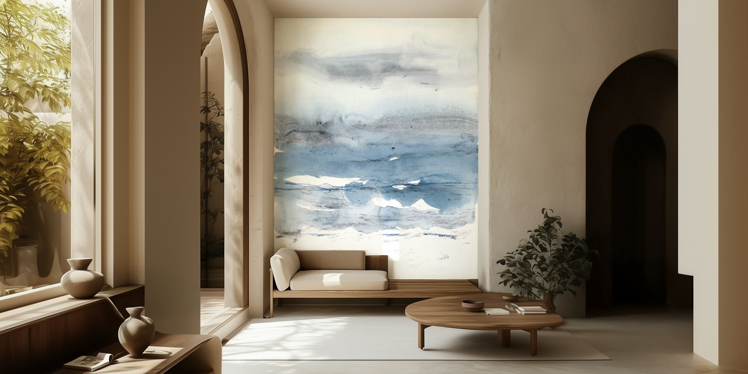 Dissolving landscape blue wallpaper in a room