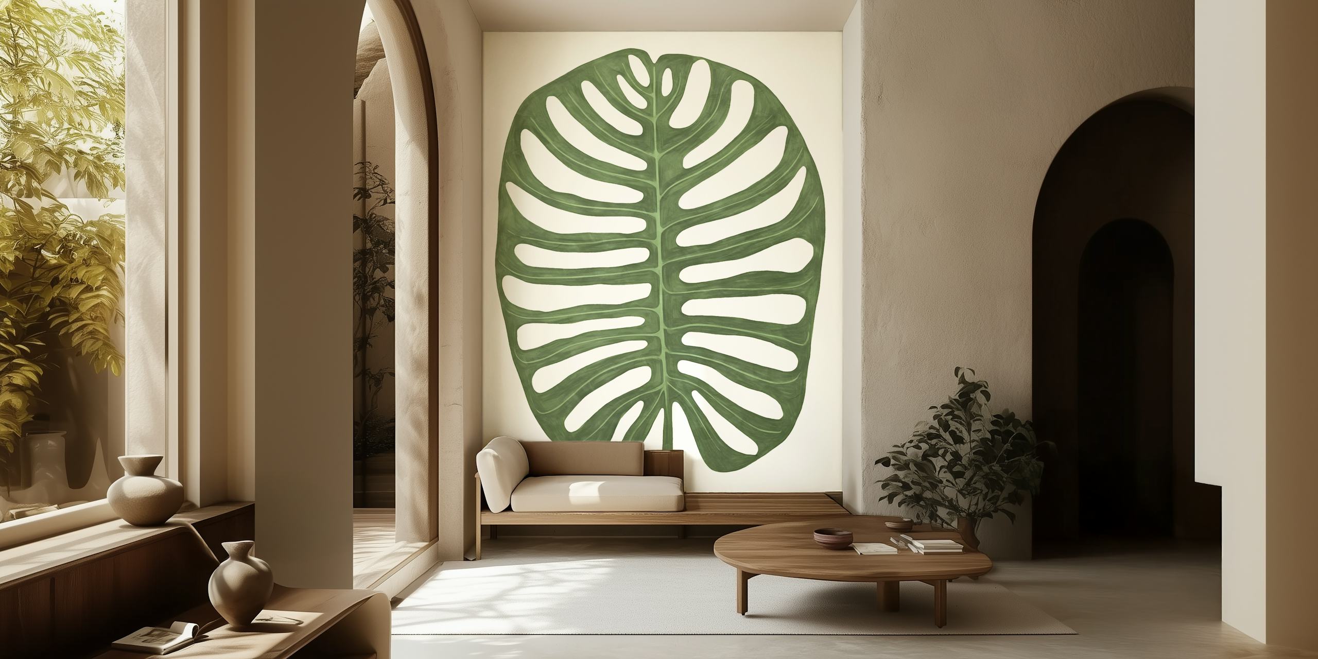 Large green tropical leaf silhouette on light background wallpaper