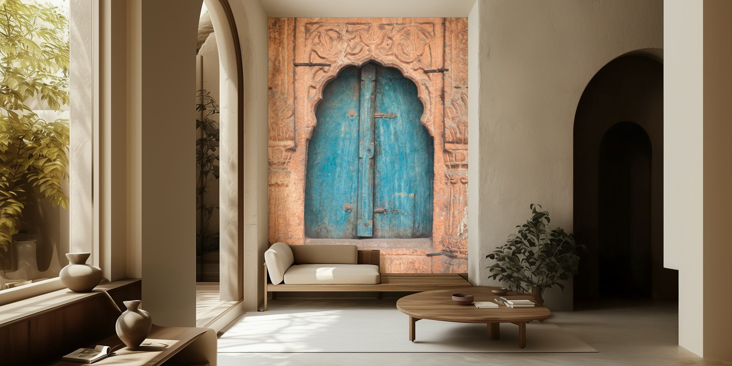 Rustic blue wooden door with ornate carved frame wall mural