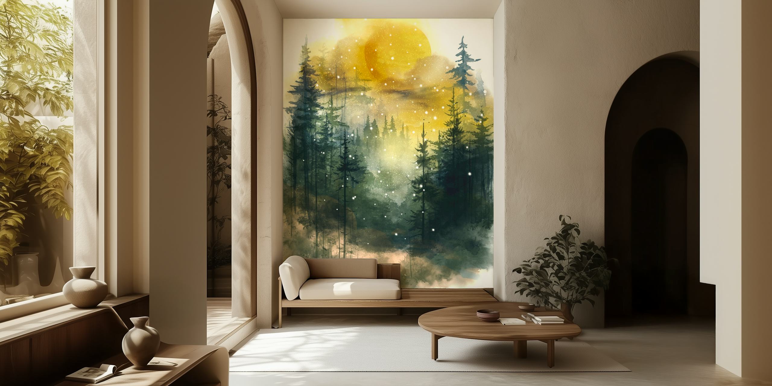Forest with tall evergreen trees and golden moon wallpaper