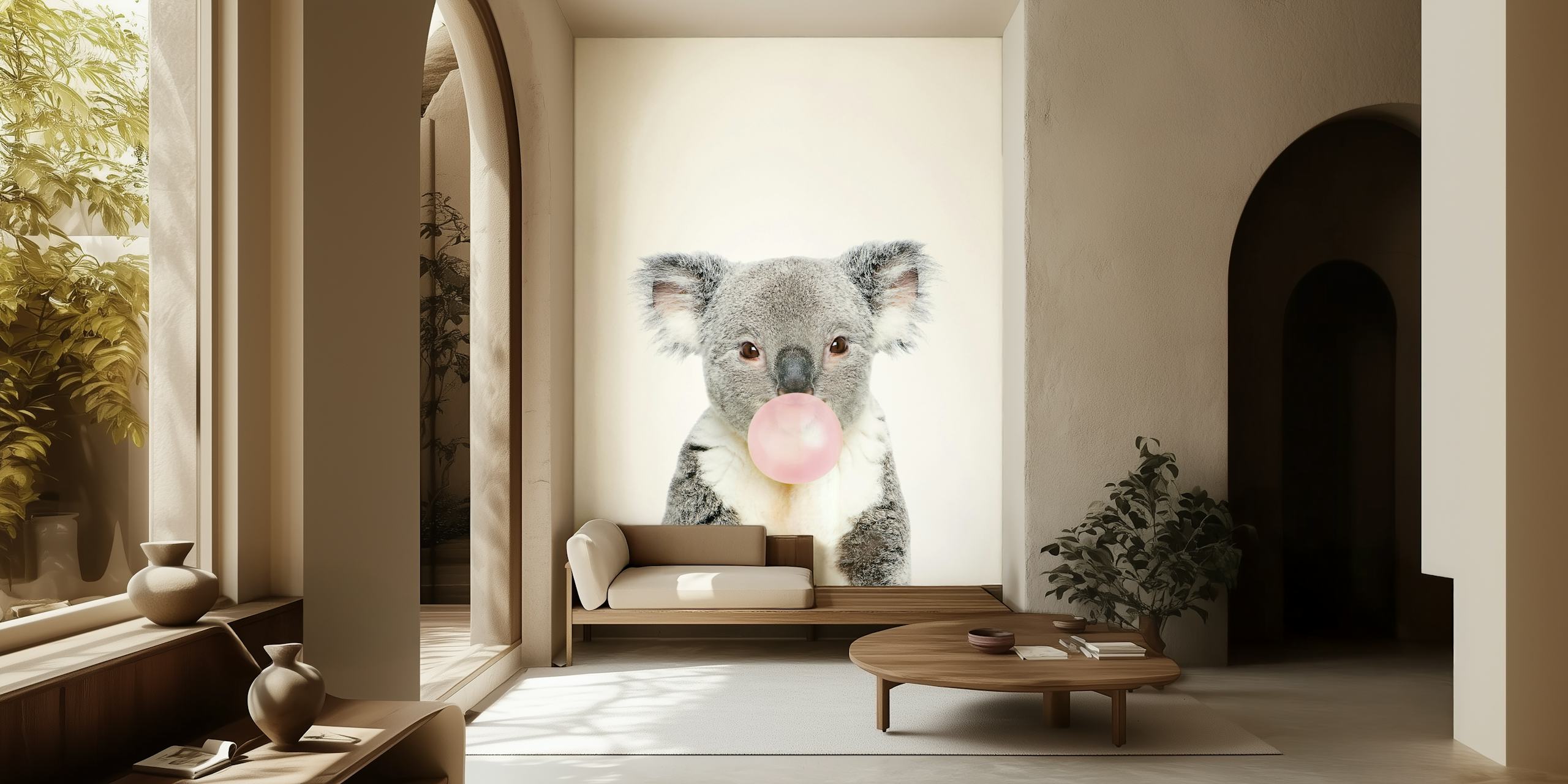 Koala chewing pink bubble gum with a white background wallpaper
